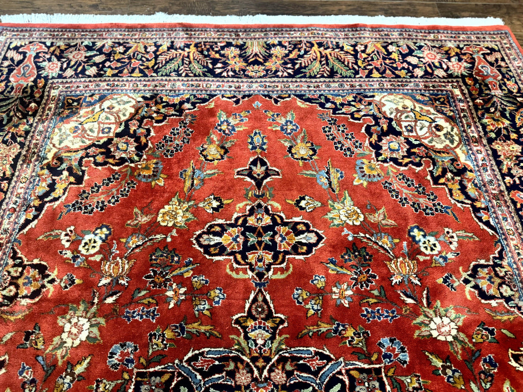 Indo Persian Rug 7x10, Vintage Handmade Wool Carpet, Floral Medallion Traditional Rug, Red and Midnight Blue