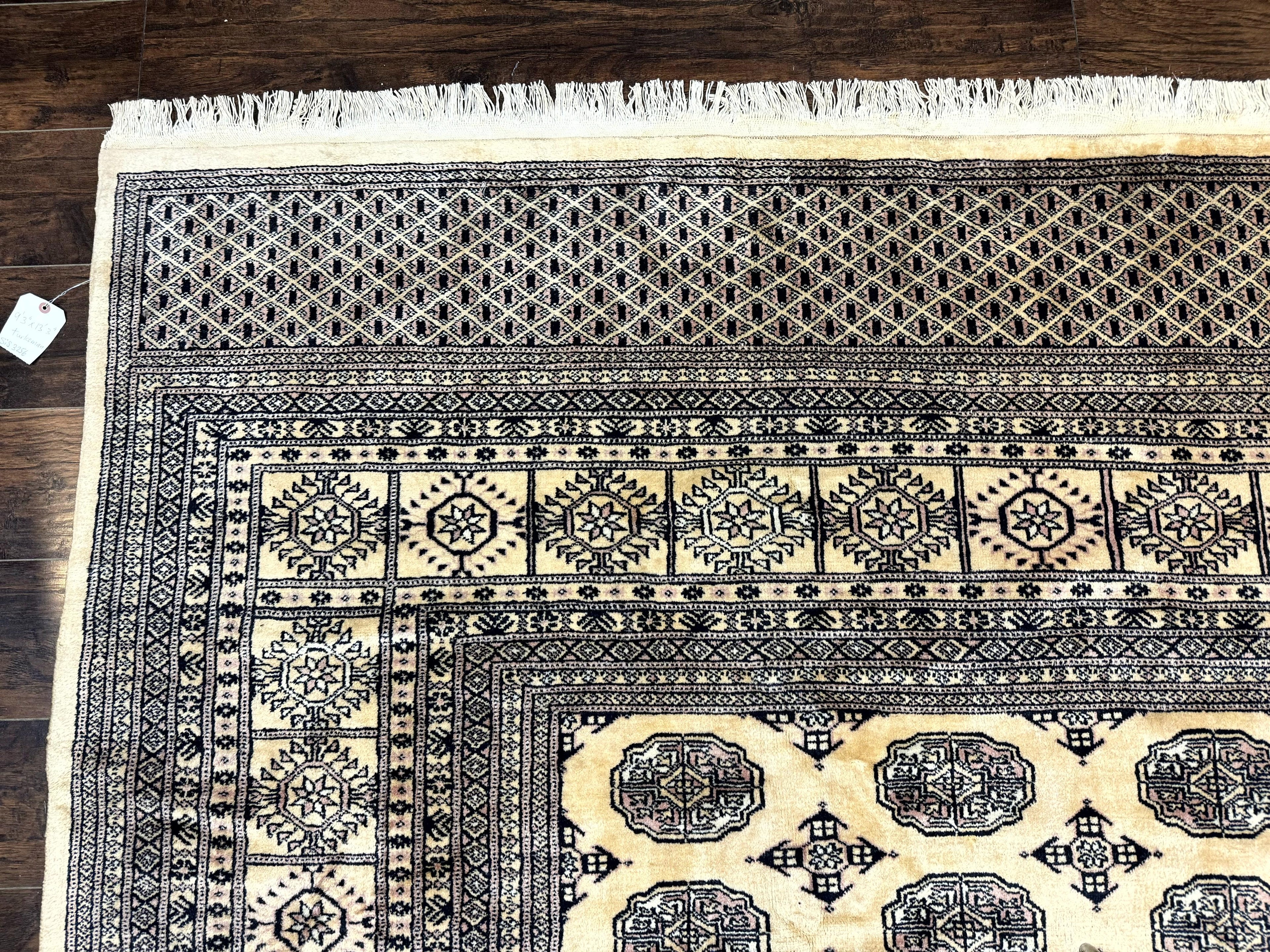 Pakistani Bokhara Turkoman Rug 9x11, Cream, Handmade Wool Vintage Carpet