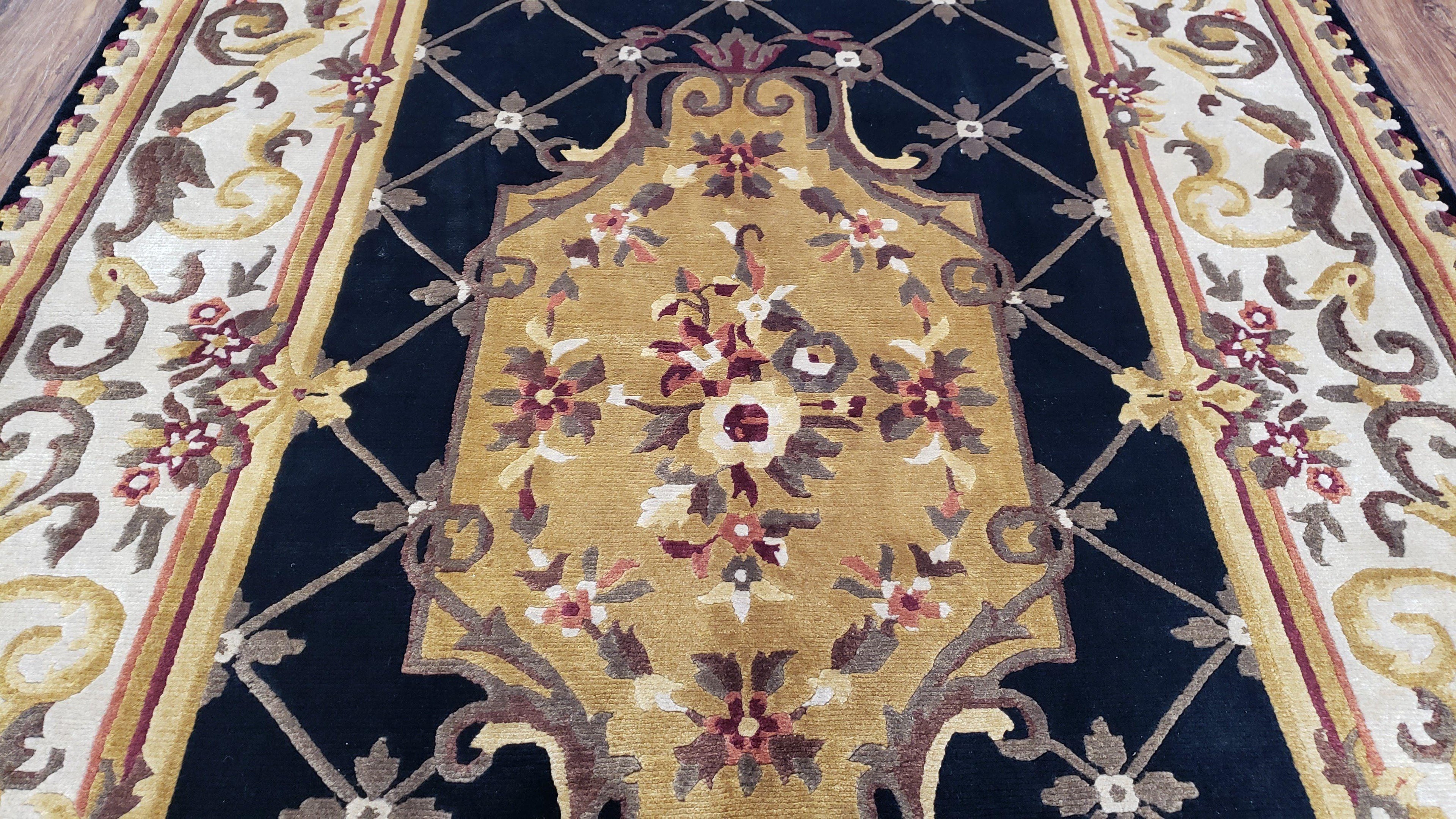 Nepal Rug 6x9, Nepalese Aubusson Area Rug 6 x 9, Hand-Knotted Wool Soft Pile Black & Beige Tibetan Aubusson New Carpet European Savonnerie
