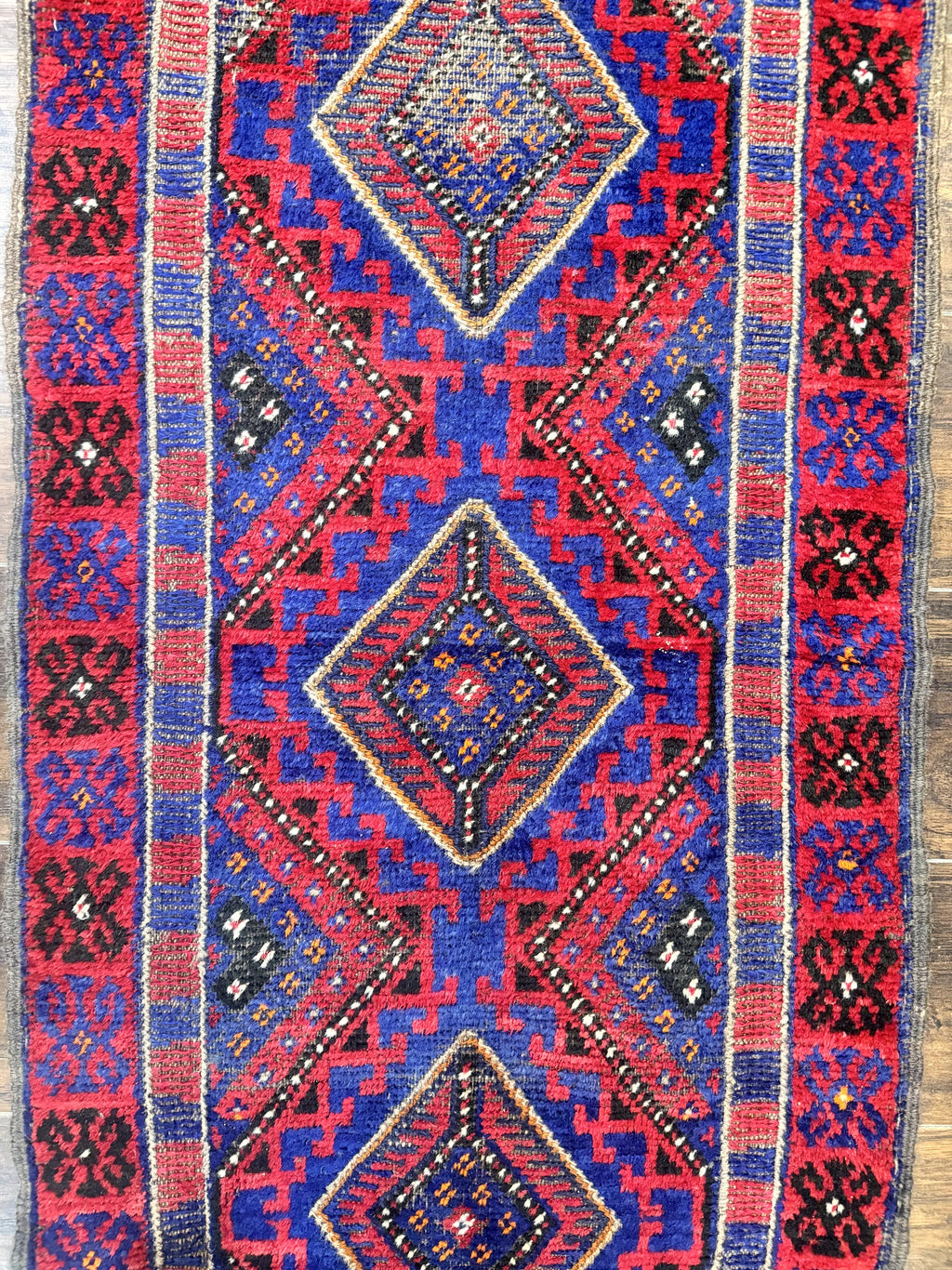 Turkoman Runner Rug 2 x 8.6, Skinny Runner, Handmade Wool Carpet for Hallway, Red and Blue, Wool, Vintage 8ft Runner