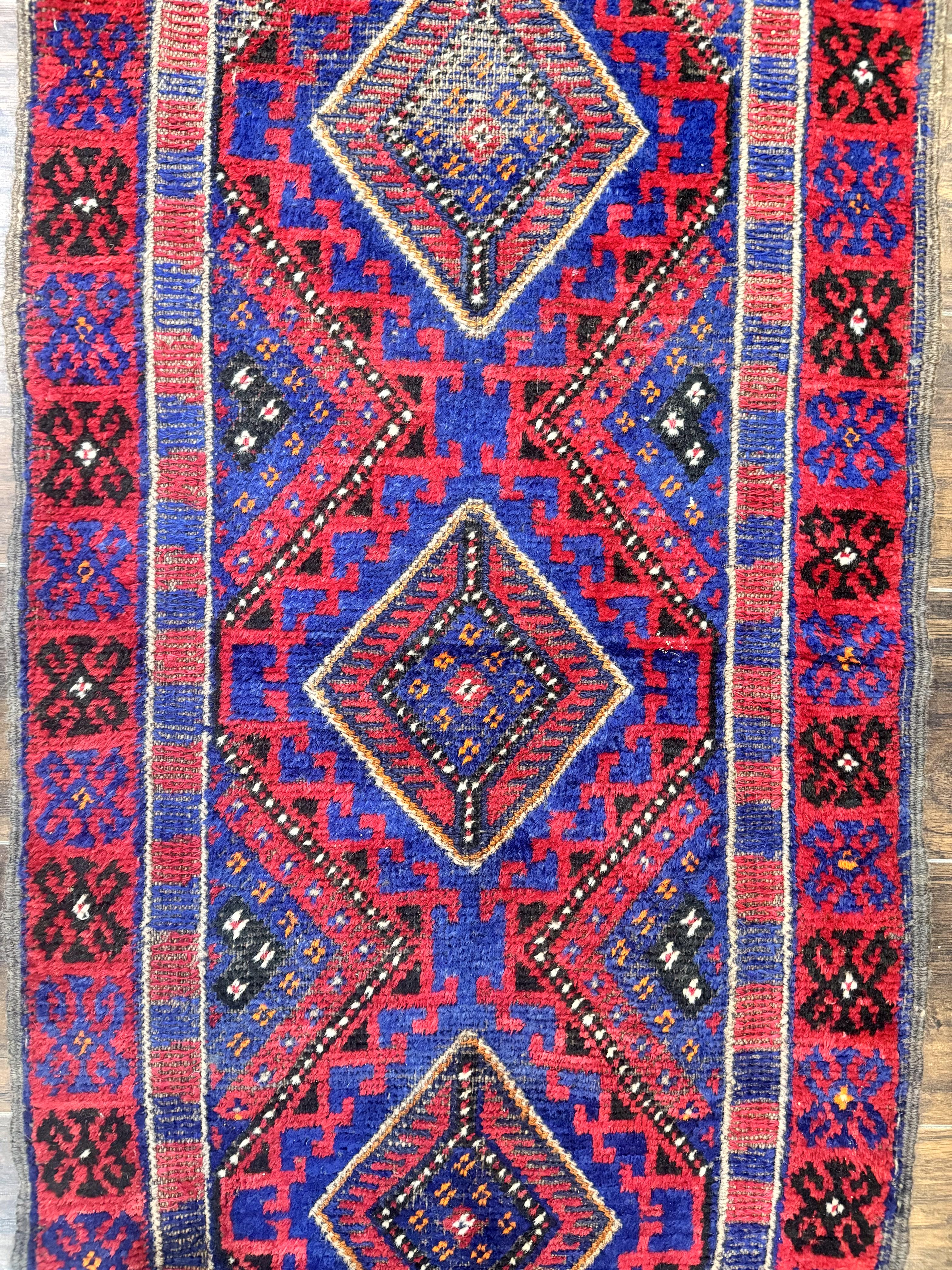 Turkoman Runner Rug 2 x 8.6, Skinny Runner, Handmade Wool Carpet for Hallway, Red and Blue, Wool, Vintage 8ft Runner