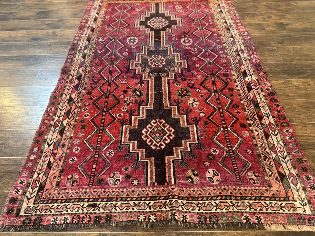 Persian Tribal Shiraz Rug 5x8, Geometric, Raspberry Red and Charcoal, Antique Persian Carpet