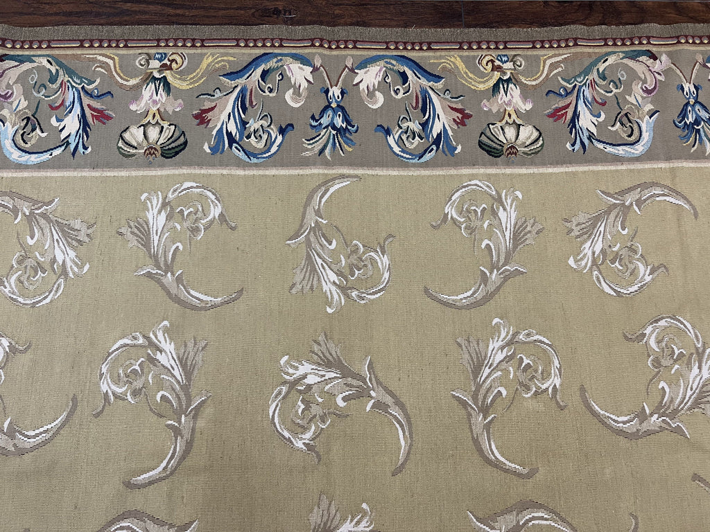 Vintage Aubusson Flatweave Area Rug 9x12, Aubusson Weave, Wool, Beige, Handmade, French European Design, 8'9" x 11'9"
