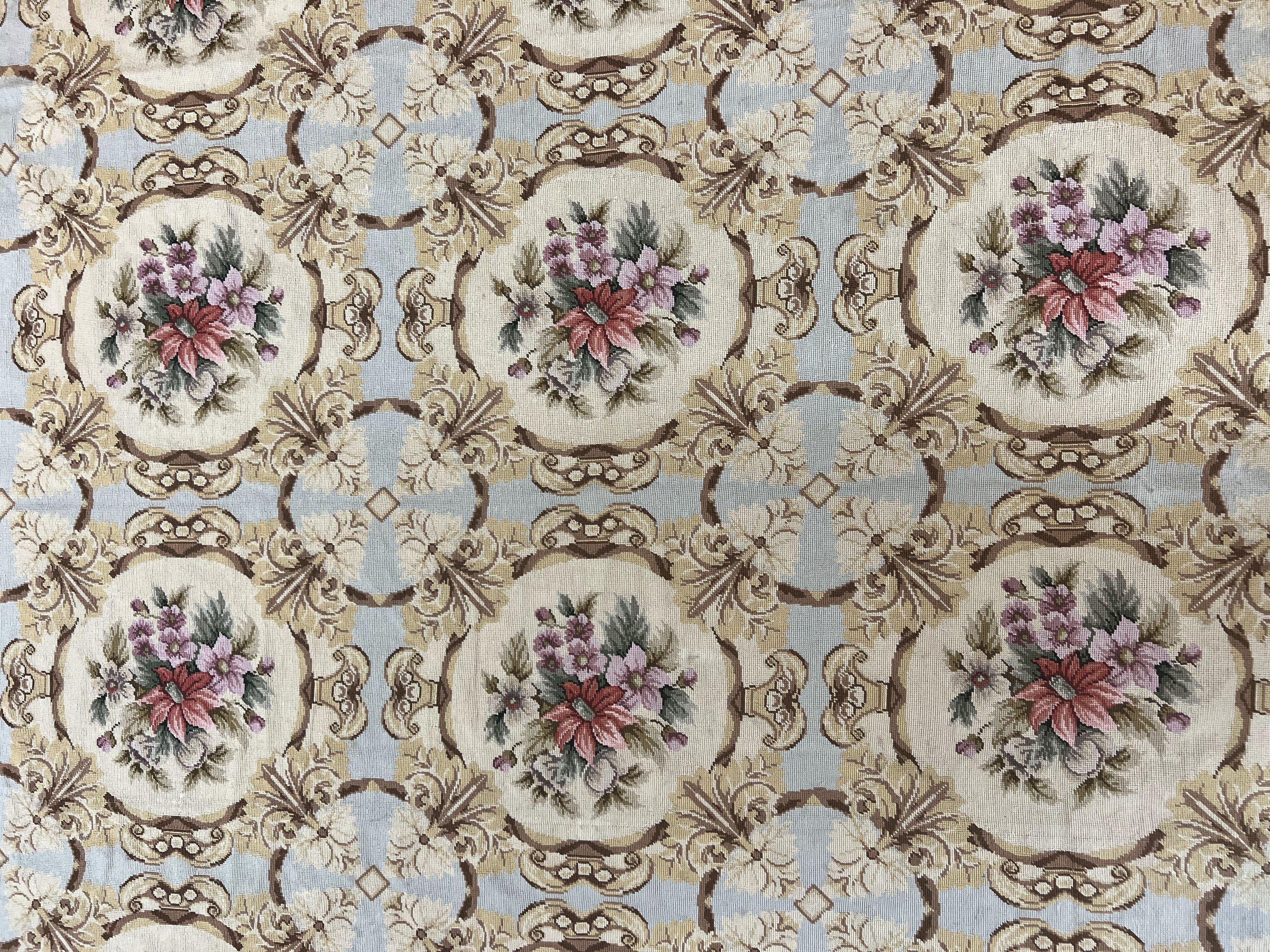 Chinese Needlepoint Rug 8x11, Handmade Wool Needlepoint Carpet, Vintage, Sky Blue