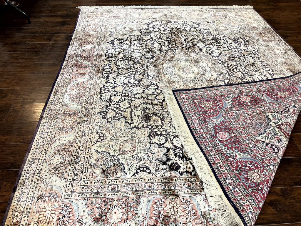 Silk Indian Kashmiri Rug 8x10, Floral Medallion, Indo Persian Carpet, Handmade Vintage Silk Rug