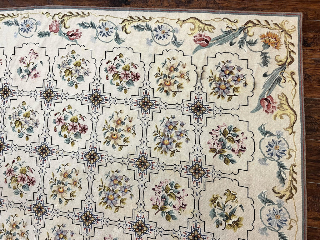 Needlepoint Rug 10x14, Wool Handmade Vintage Needlepoint Carpet, Floral Panel Design, Ivory/Cream