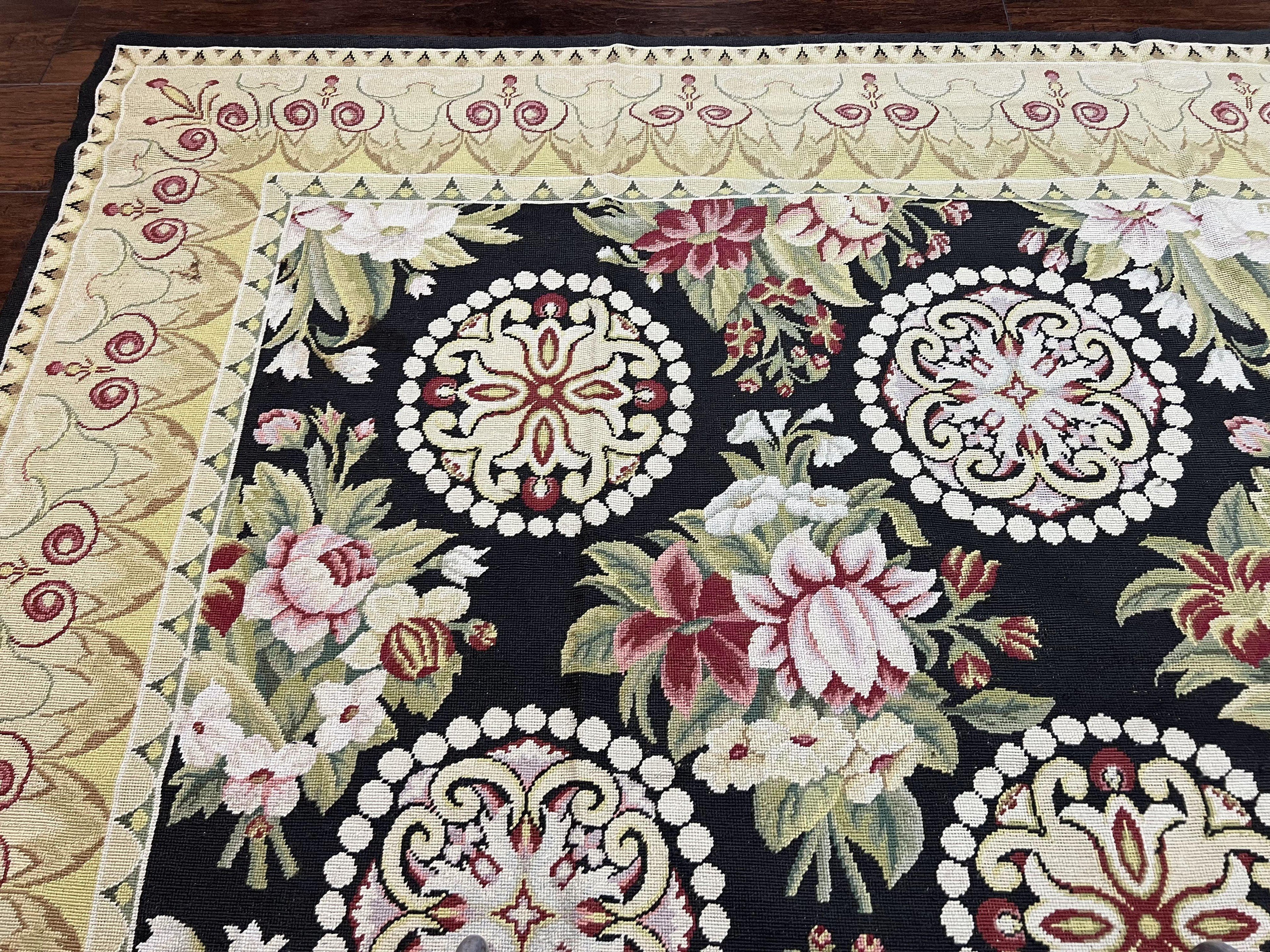 9x12 Black Needlepoint Rug, European Floral Panel Design, Handwoven, Vintage Chinese Needlepoint, Black Green Beige, Wool Rug 9 x 12