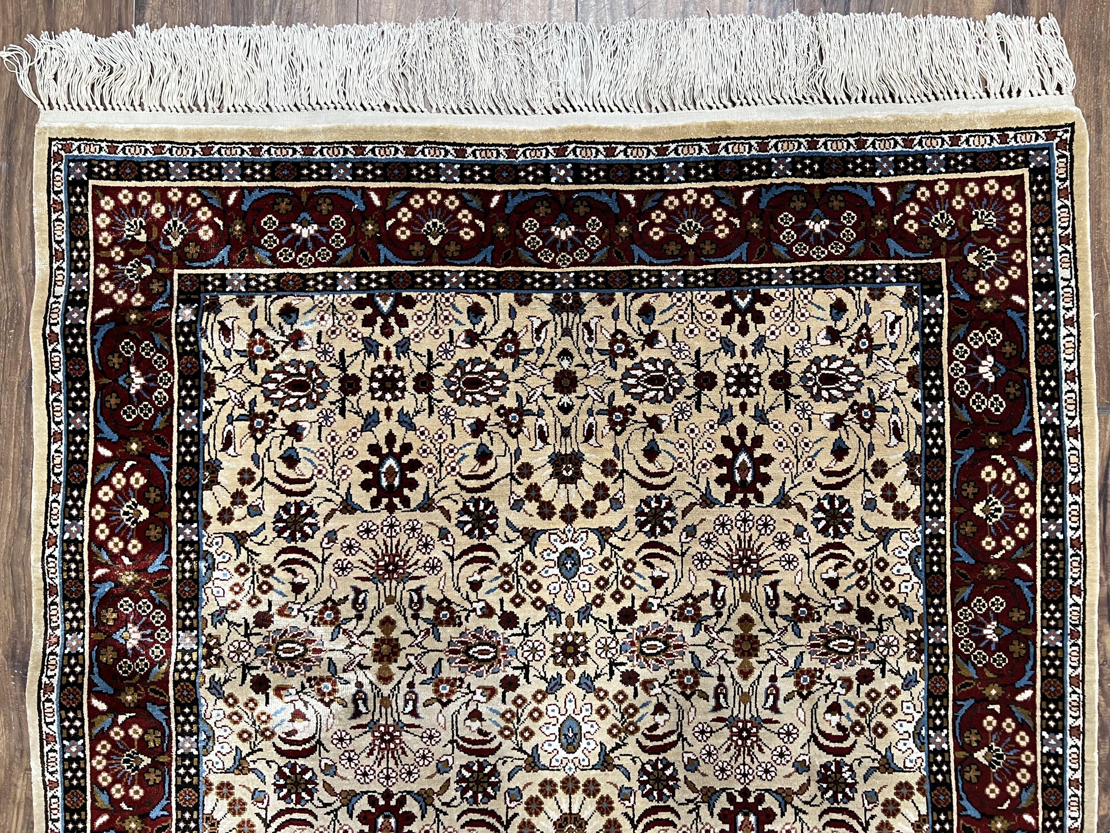 Fine Sino-Persian Silk Rug 3x5, High Quality Silk Carpet, Handmade Small Silk Rug, Allover Repeated Motif, Tan Maroon Blue Vintage Silk Rug