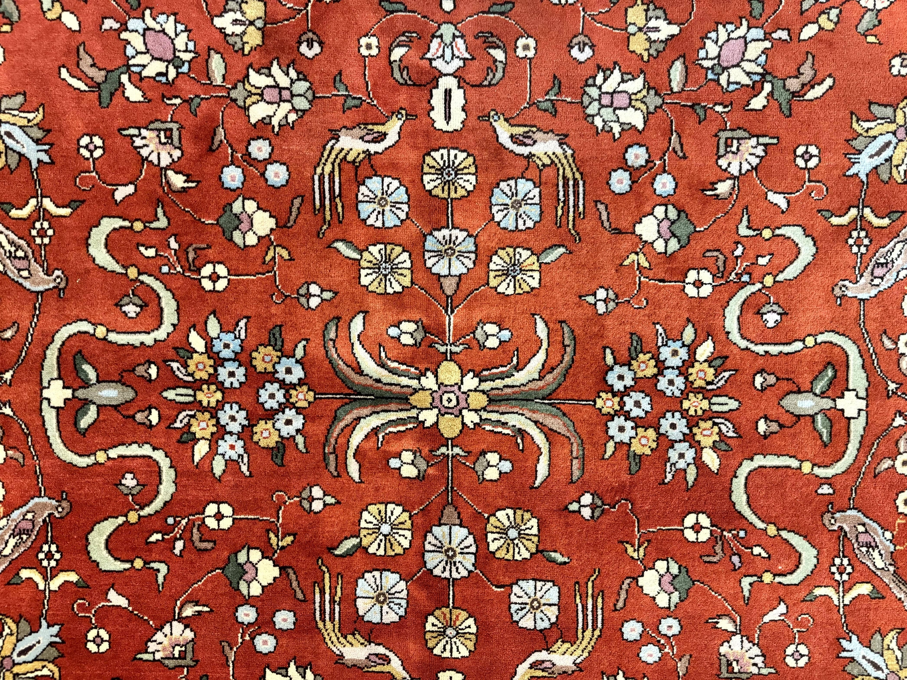 Romanian Rug 10x13, Vintage Handmade Wool Carpet, Floral Pattern, Birds, Red and Cream, Signed By Masterweaver, Persian Rug