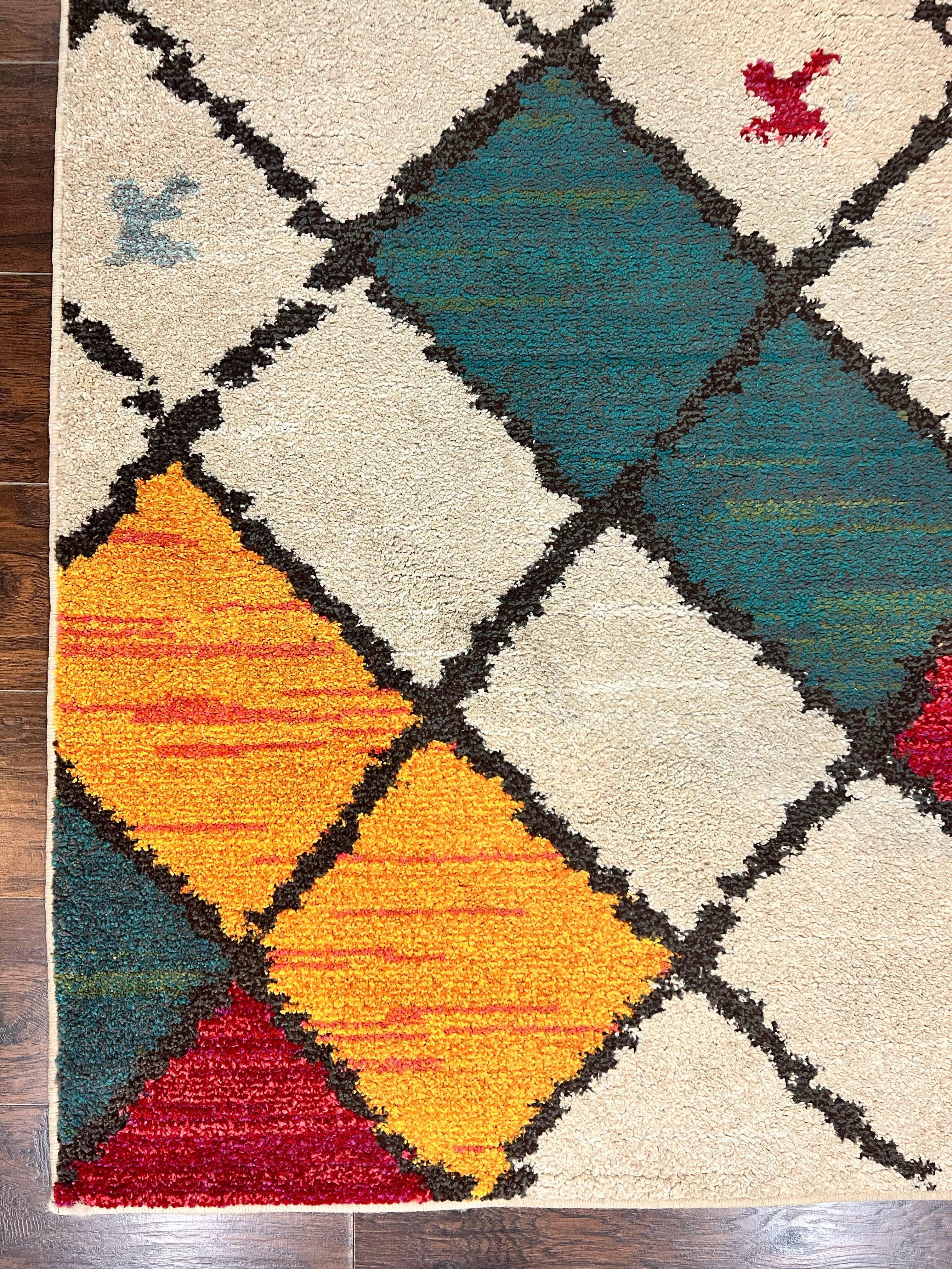 Panel Design Rug 5 x 7.6, Ivory/Beige & Multicolor