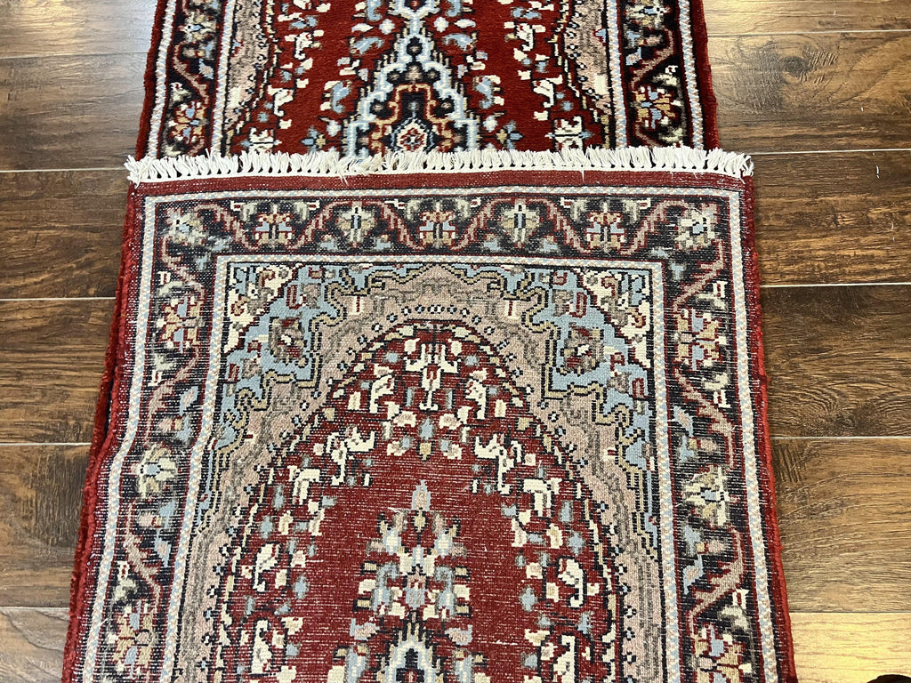 Indo Persian Runner Rug 2.8 x 14.8, Long Indo Kirman Hallway Rug, Red Floral Wool Vintage Handmade Oriental Runner