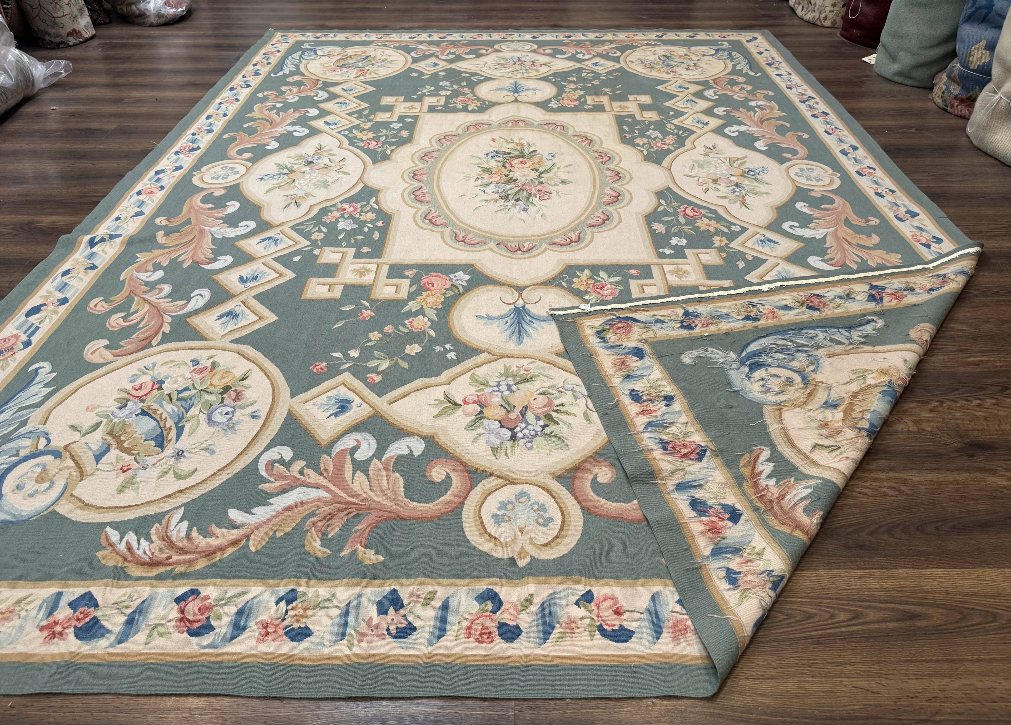 Aubusson Rug 9x12, Muted Sage Green and Cream, European Design