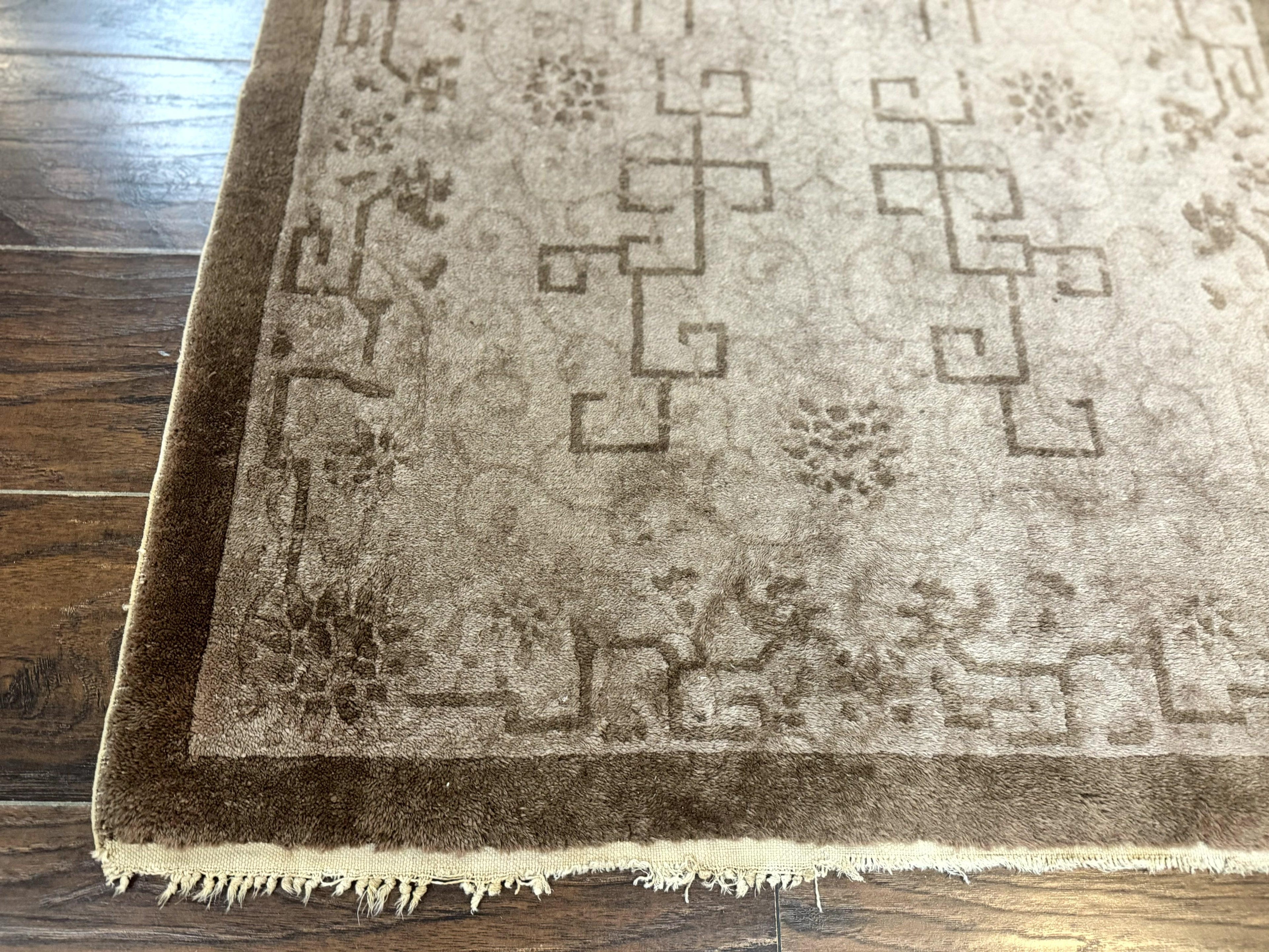 Antique Chinese Fette Rug 3x6, Taupe, Handmade Wool Chinese Carpet