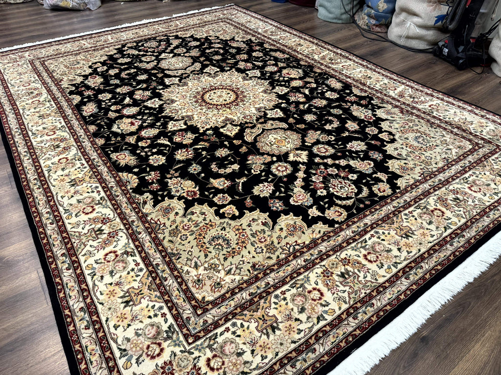 Sino Persian Rug 9x12, Black and Beige, Floral Medallion, Wool & Silk, Handmade