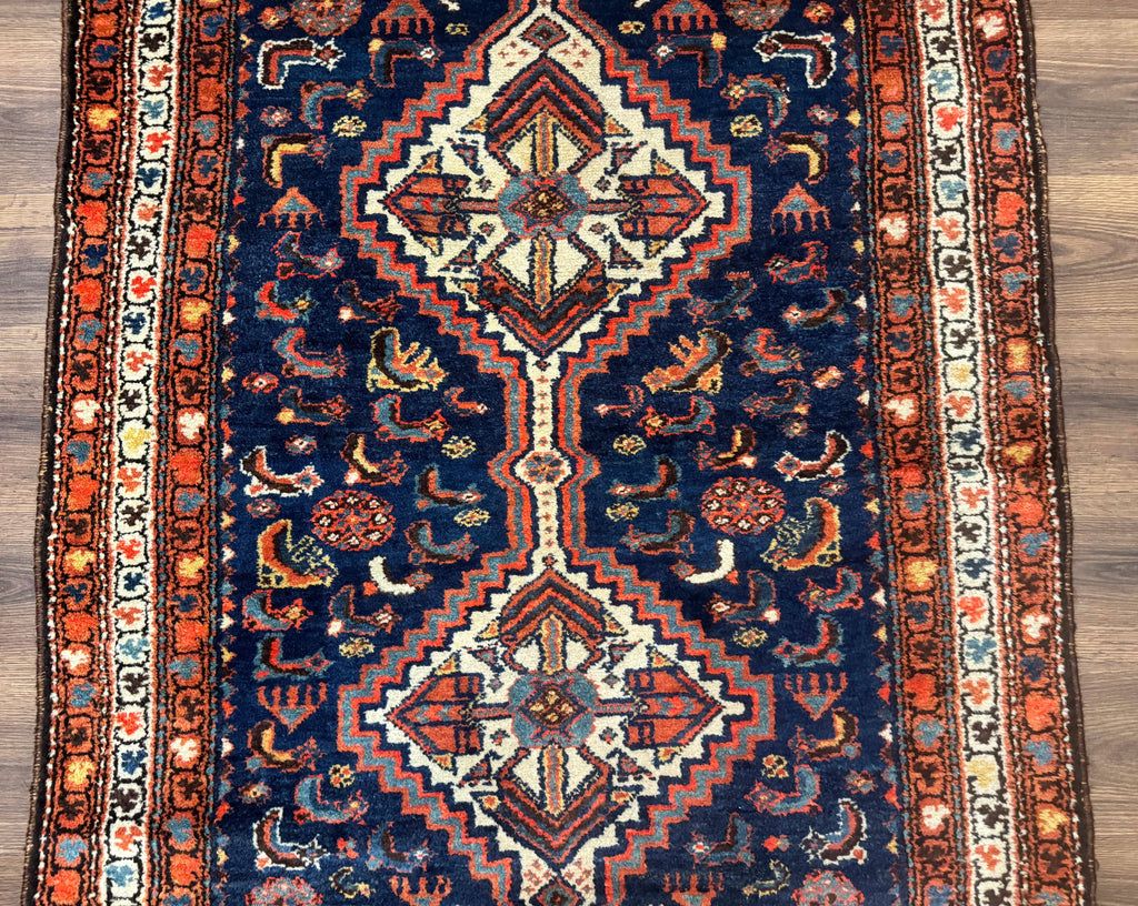 Antique Persian Hamadan Rug 4x6, Geometric, Double Medallions, Navy Blue, Tribal Carpet