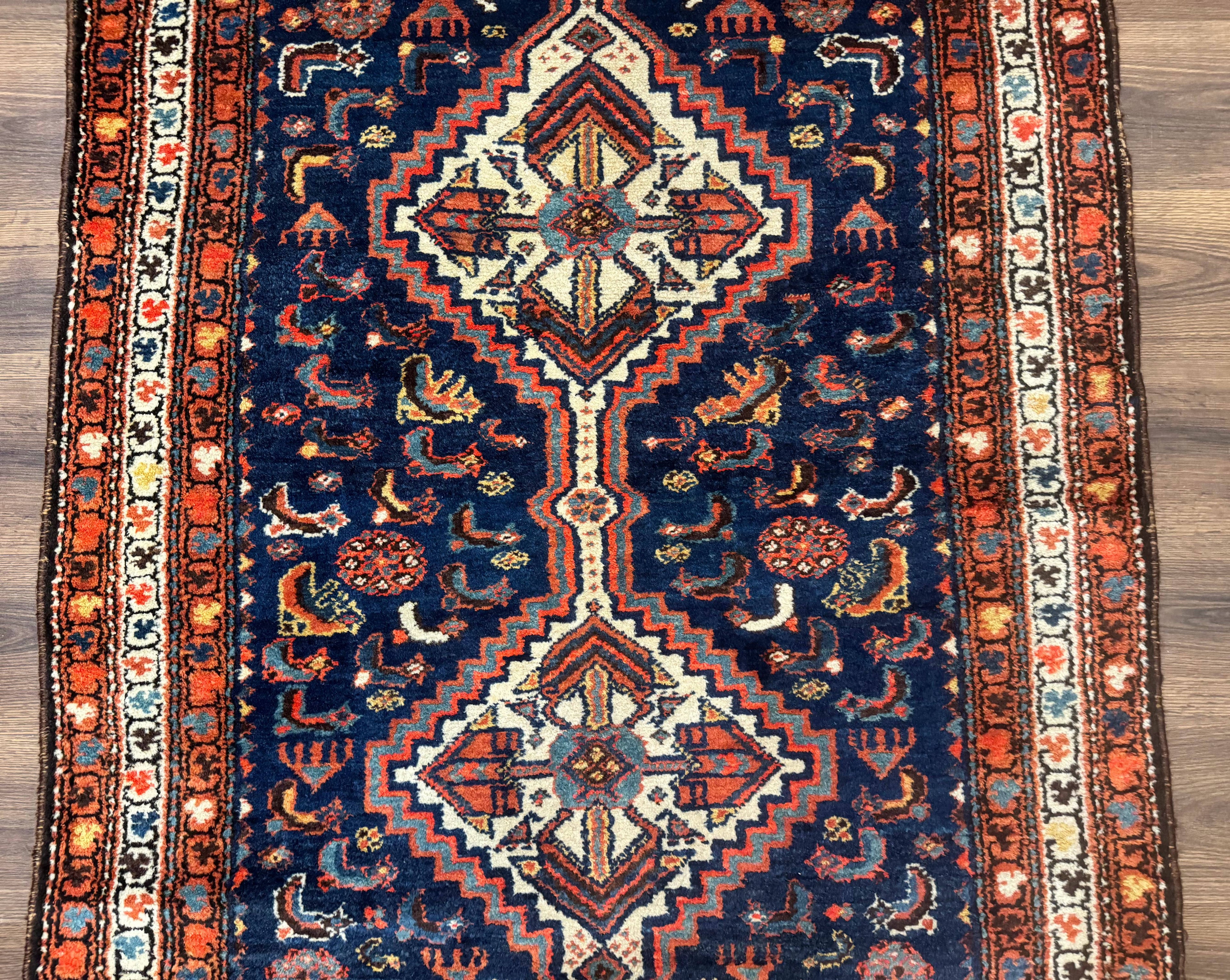 Antique Persian Hamadan Rug 4x6, Geometric, Double Medallions, Navy Blue, Tribal Carpet