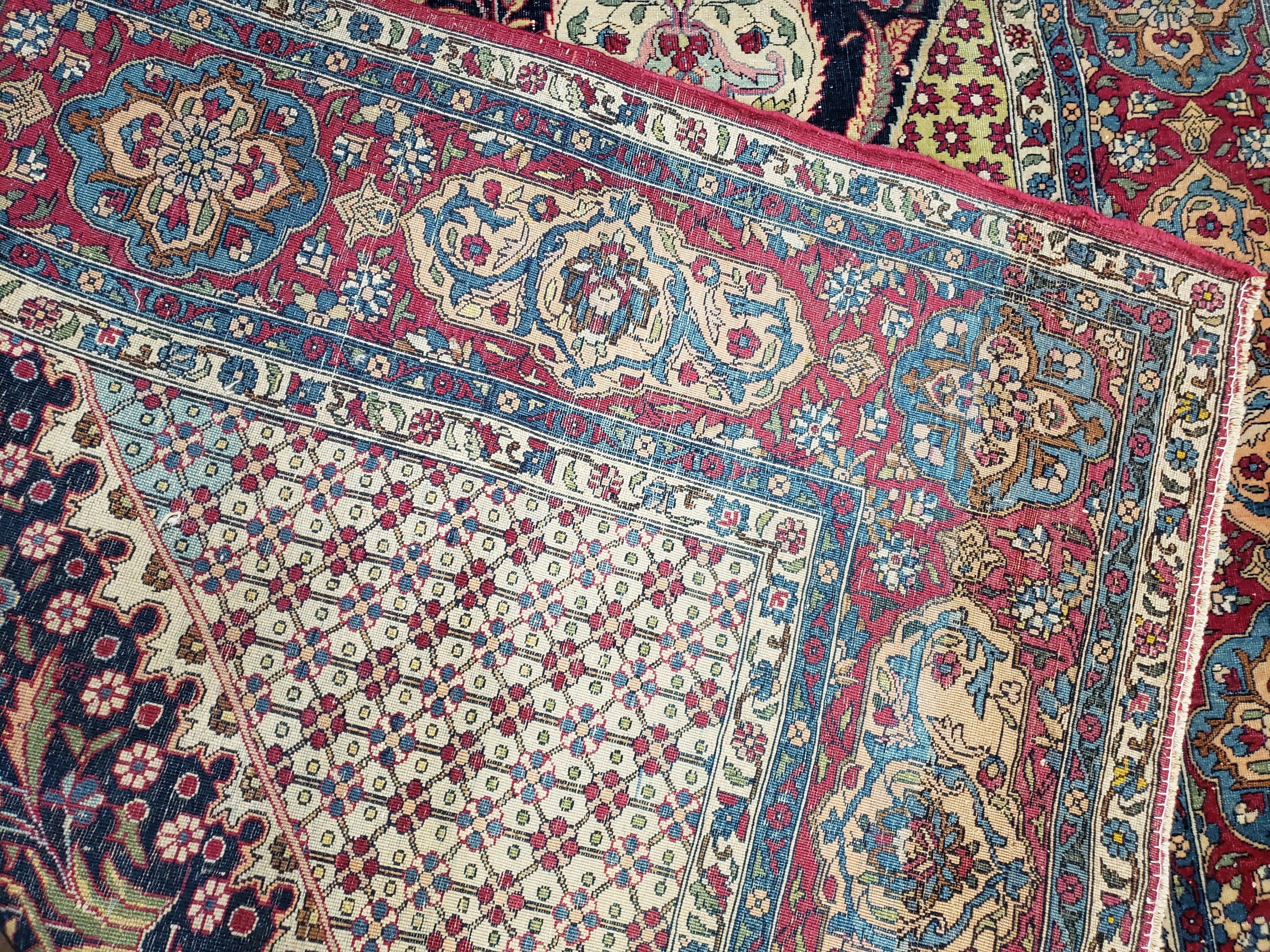 Antique Persian Tehran Rug 5x8, Midnight Blue and Red, Hand-Knotted, Wool