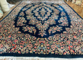 Antique Persian Kerman Rug 10x13, Navy Blue Floral Carpet, Fine 270 KPSI