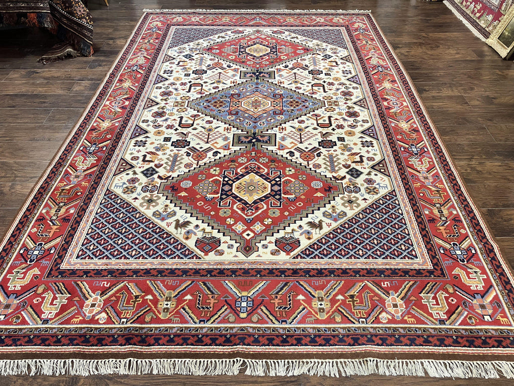 Belgium Power Loomed Rug 8x12, Geometric Medallions Persian Tribal Pattern, Vintage Wool Carpet, Ivory Red Blue