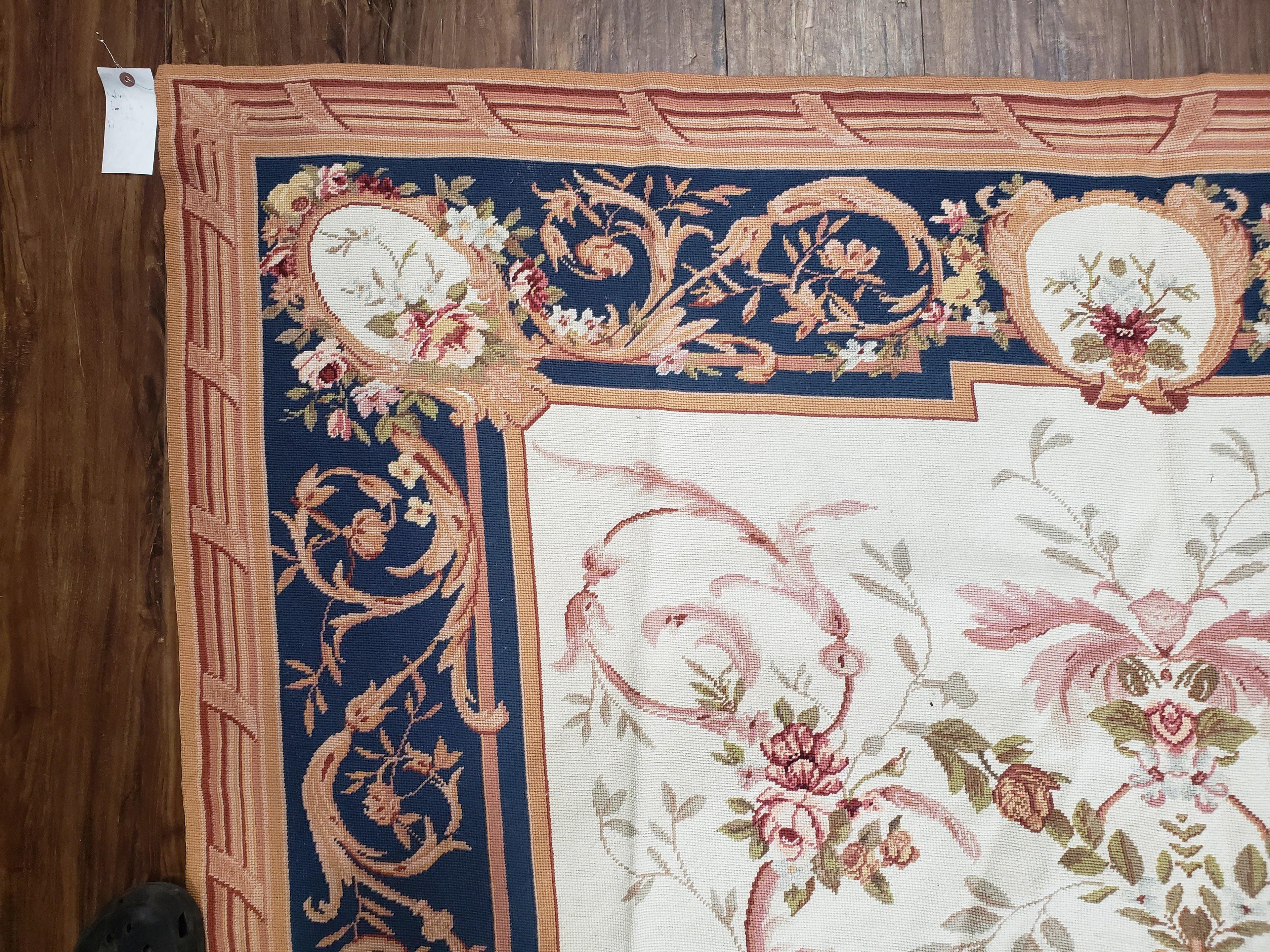 Chinese Aubusson Savonnerie Area Rug 6x8, Vintage Hand-Woven Needlepoint Rug, Flat Weave Handmade Wool Carpet Living Room Ivory & Navy Blue