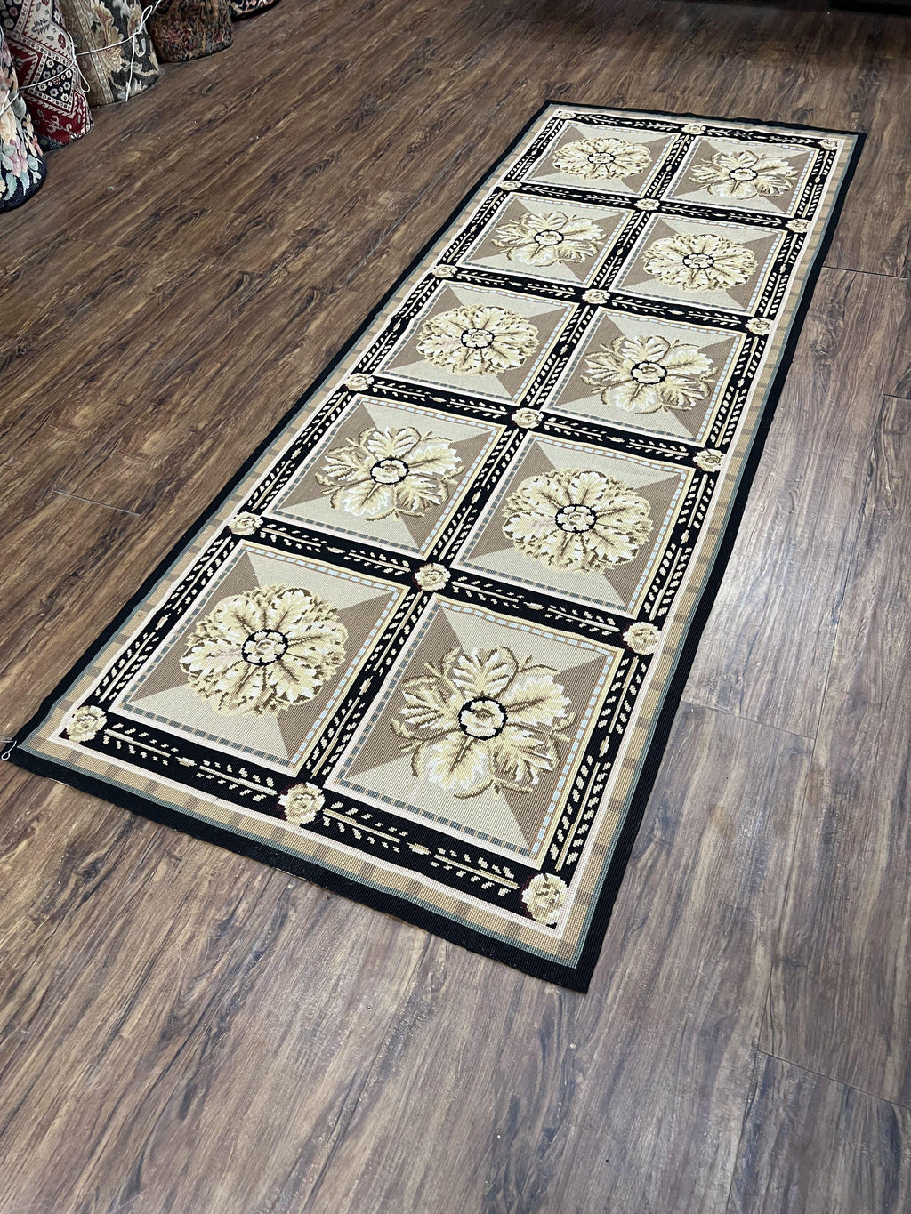 Needlepoint Runner Rug 3x8 Panel Design Rug, Flatweave Runner Rug, English Design, Floral, Short Runner Rug, Black and Beige Wool Hand-Woven