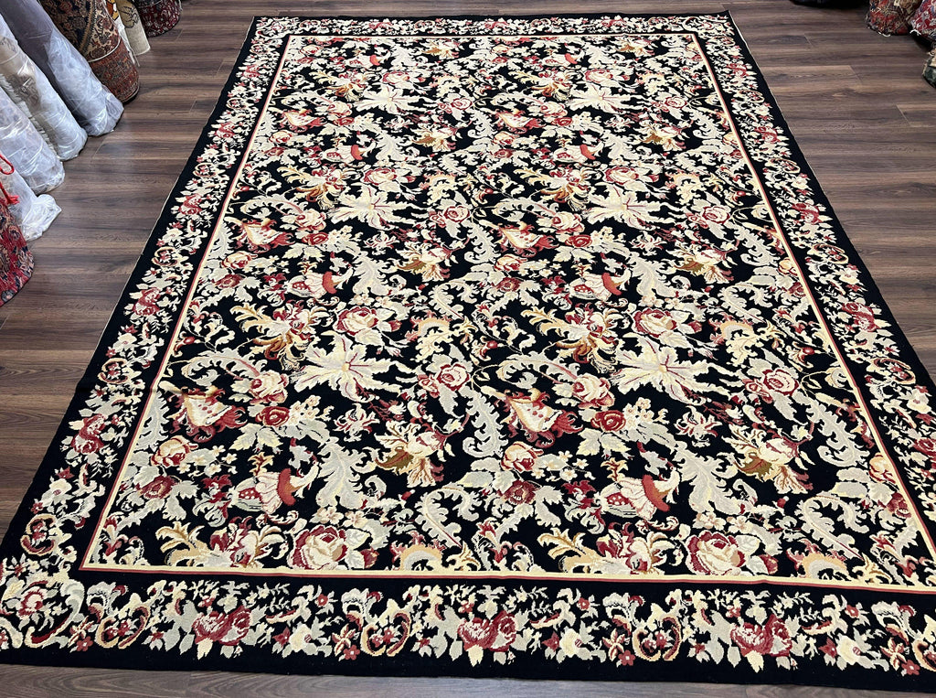 Wool Needlepoint Rug 9x12, William Morris Vintage Chinese Needlepoint Carpet 9 x 12, Handwoven, Allover Floral Area Rug, Black Light Green