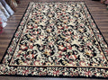 Wool Needlepoint Rug 9x12, William Morris Vintage Chinese Needlepoint Carpet 9 x 12, Handwoven, Allover Floral Area Rug, Black Light Green