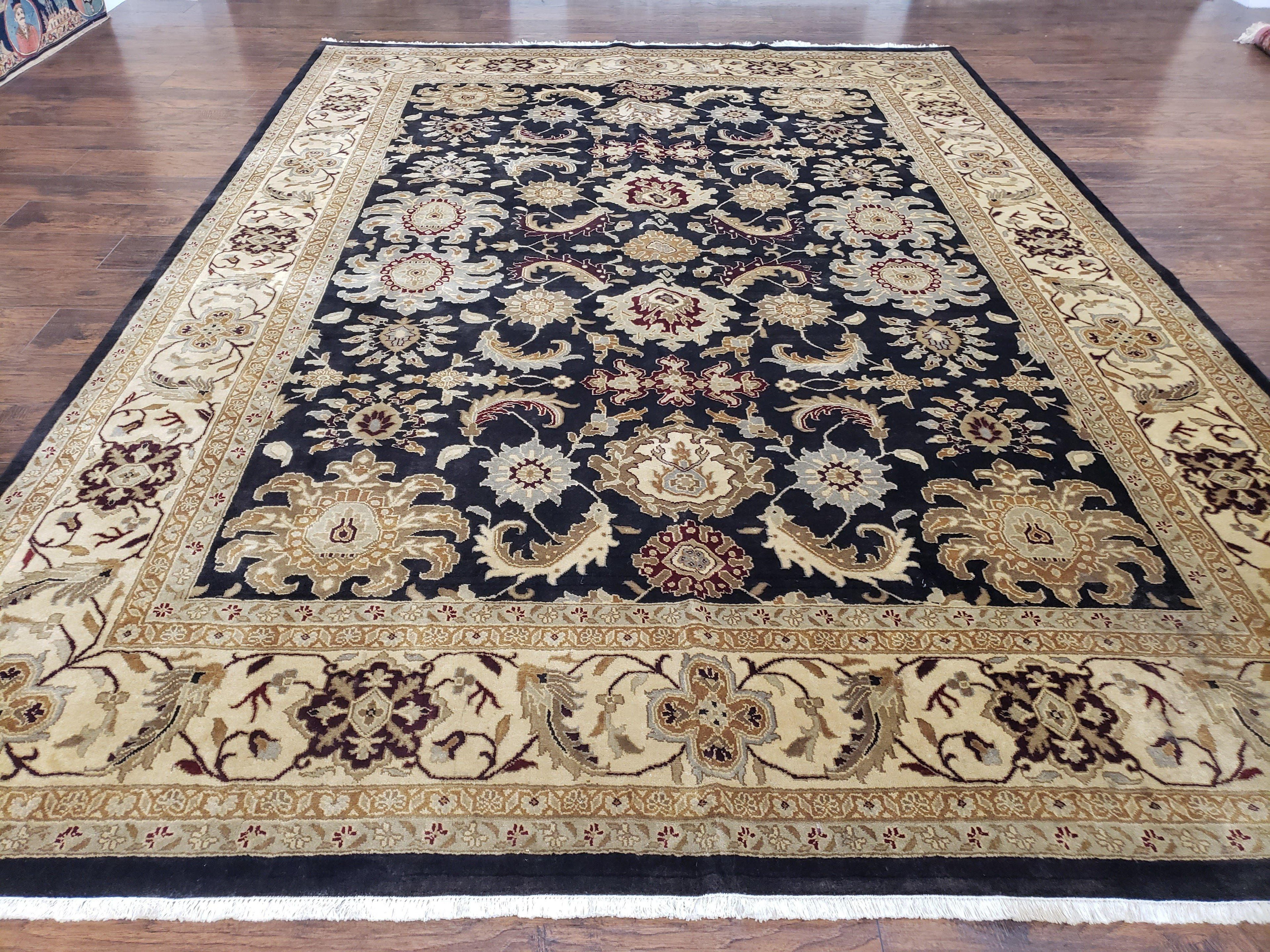 Indo Mahal Rug 8x12, Indian Sultanabad Handmade Area Rug, Vintage Hand-Knotted Wool Black Floral Traditional Oriental Dinning Room Rug
