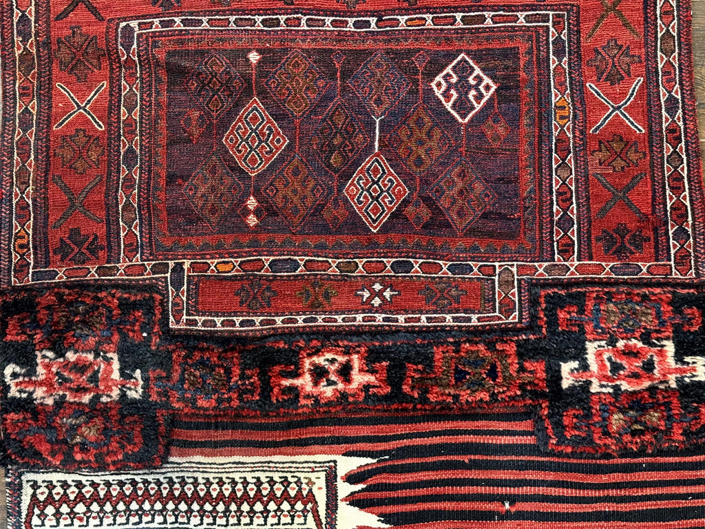 Persian Tribal Nomadic Saddle Cover Rug, Antique, Handmade, Wool, Red Ivory Black, Collectible, Shahsavan