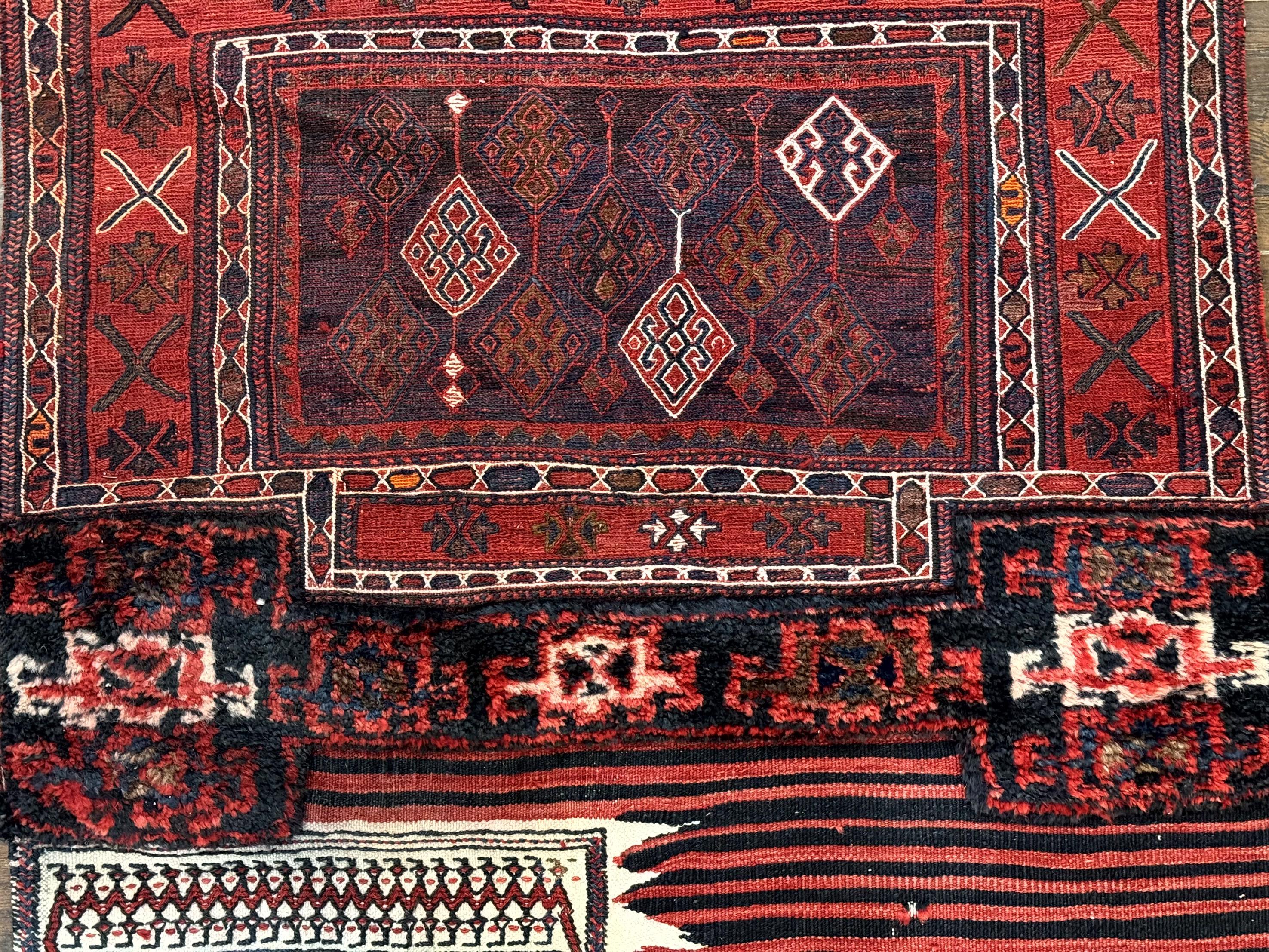 Persian Tribal Nomadic Saddle Cover Rug, Antique, Handmade, Wool, Red Ivory Black, Collectible, Shahsavan