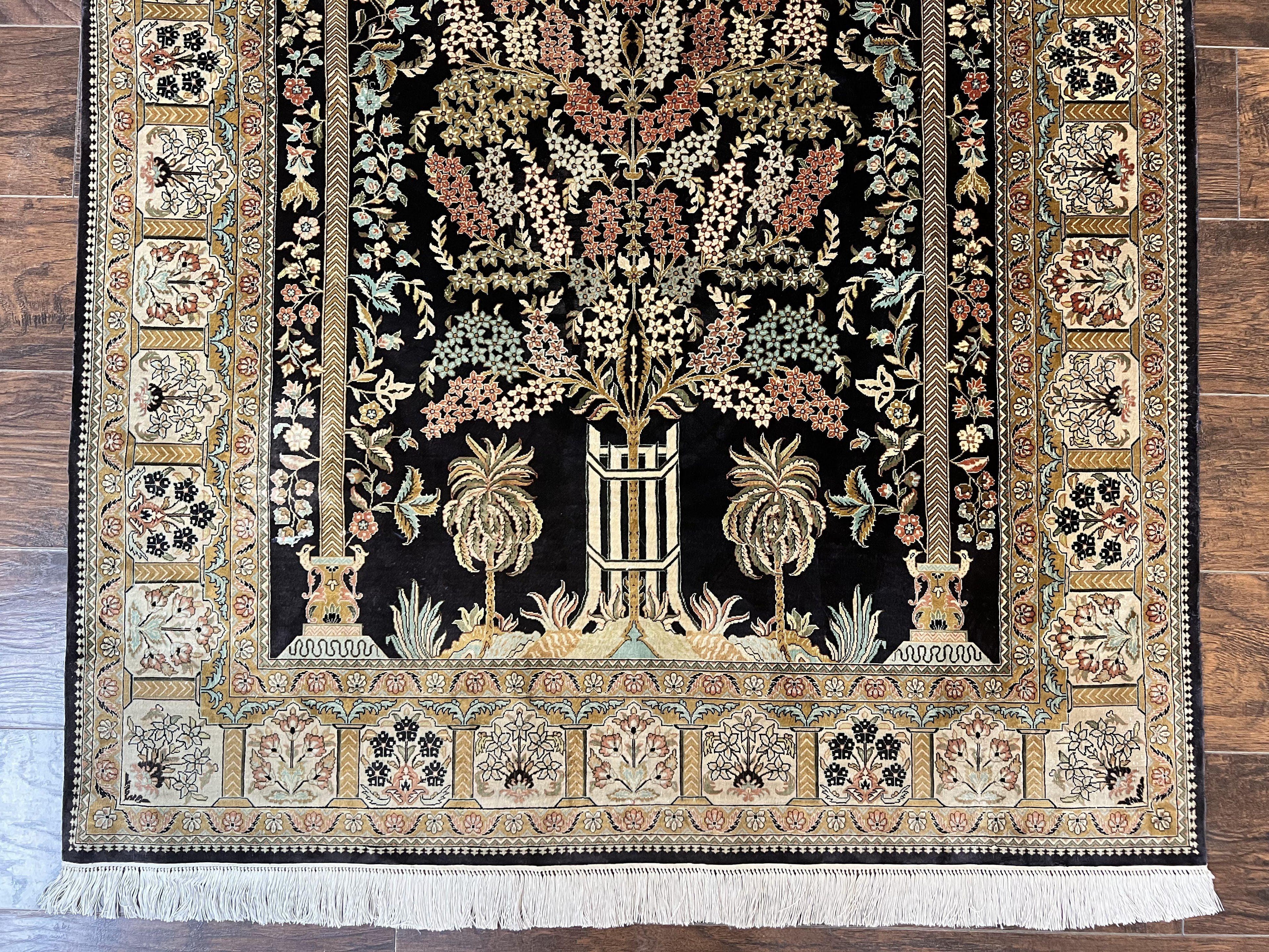 Wonderful Sino Persian Silk Rug 4x6, Tree of LIfe Design, Masterpiece 575 KPSI, Birds, Prayer Rug, Black, Silk on Silk