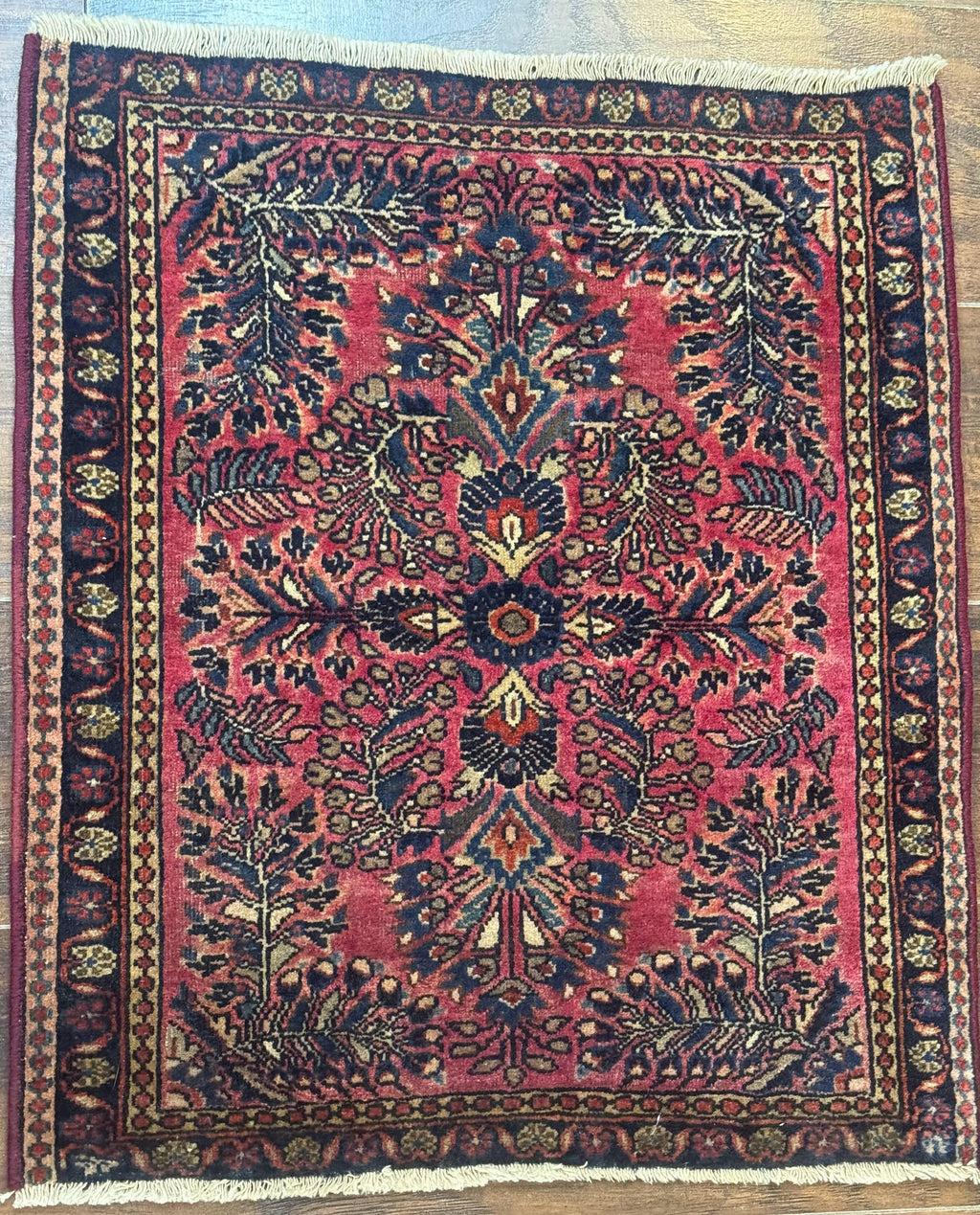 Small Antique Persian Sarouk Rug 2x2 ft, Red 1920s Wool Rug