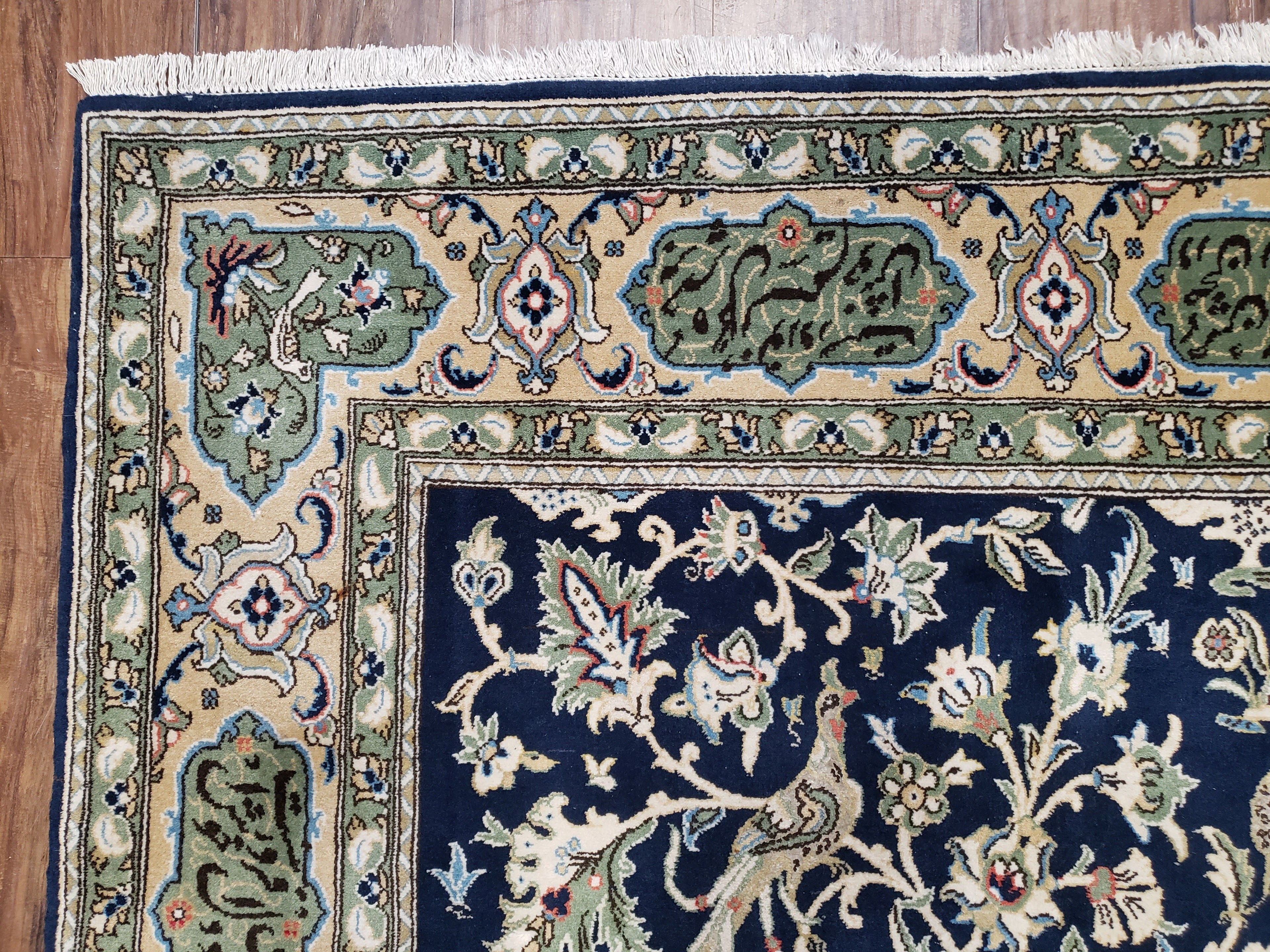 Semi Antique Persian Qum Tree of Life Rug, Hand-Knotted, Wool, Midnight Blue and Tan, Animal Pictorials, Written Poem in Borders, 4' 8" x 7' 8"