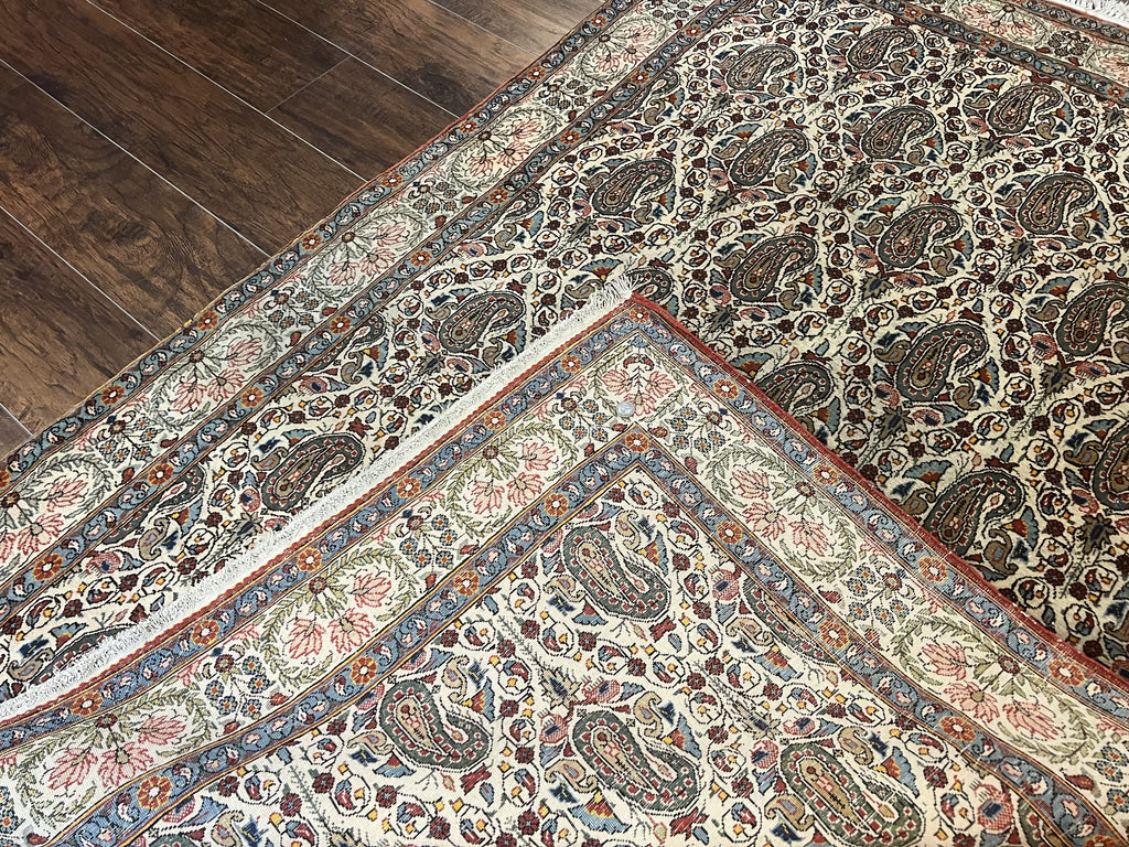 Persian Qum Rug 5x6, Cream Wool Hand Knotted Carpet, Repeated Boteh Paisely Design, Semi Antique Vintage Rug, Very Fine Weave 5 x 6 Rug