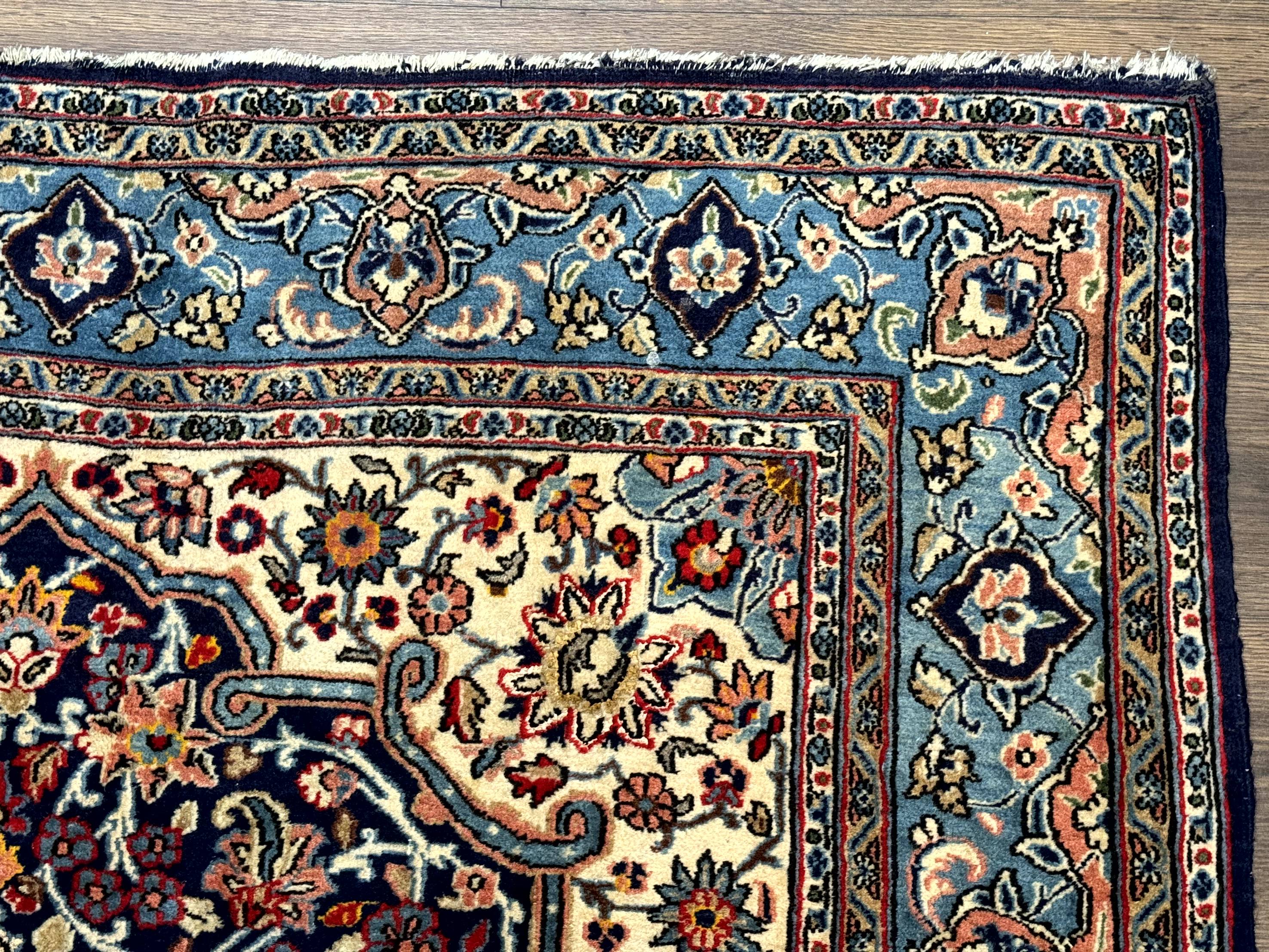Persian Qum Rug 5x7 in Navy Light Blue and Ivory, Wool wilh Silk Highlights, 225 KPSI