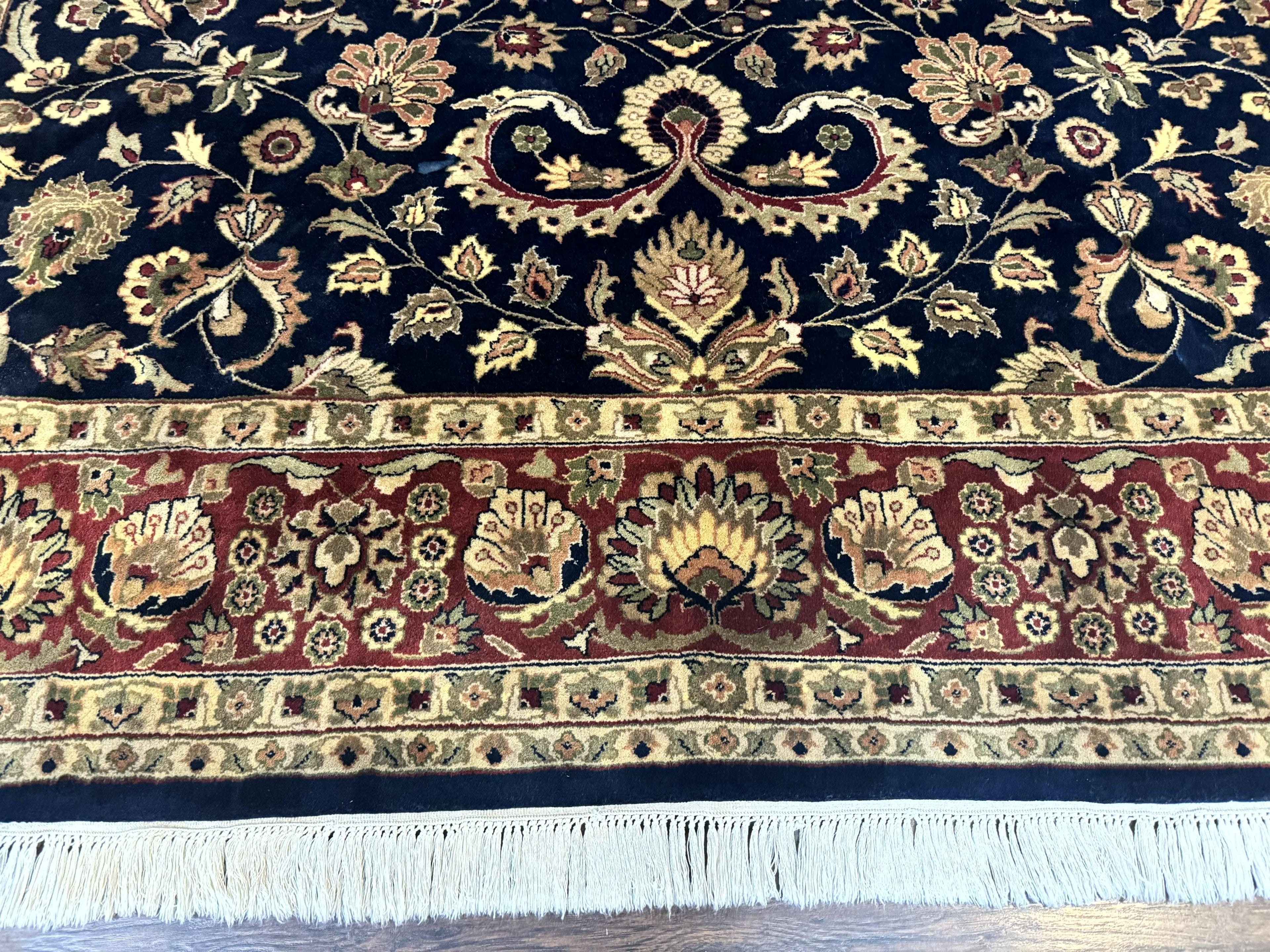 Indo Persian Rug 8x10, Navy Blue and Red, Floral Allover, Hand Knotted Vintage Wool Carpet, Indo Sarouk