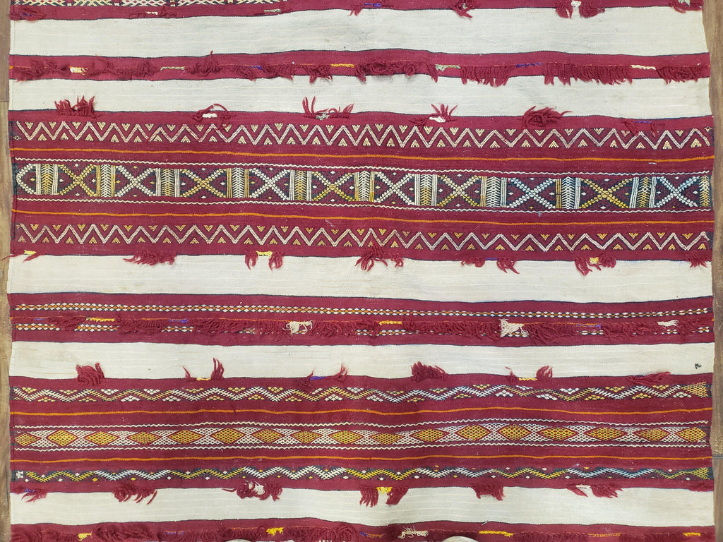 Antique Turkoman Yamud Rug 3x5 ft, 1920s Turkmen Sofreh Table Cover, Bohemian Rug, Tribal Collectible, Striped Rug, Handmade Ivory and Red