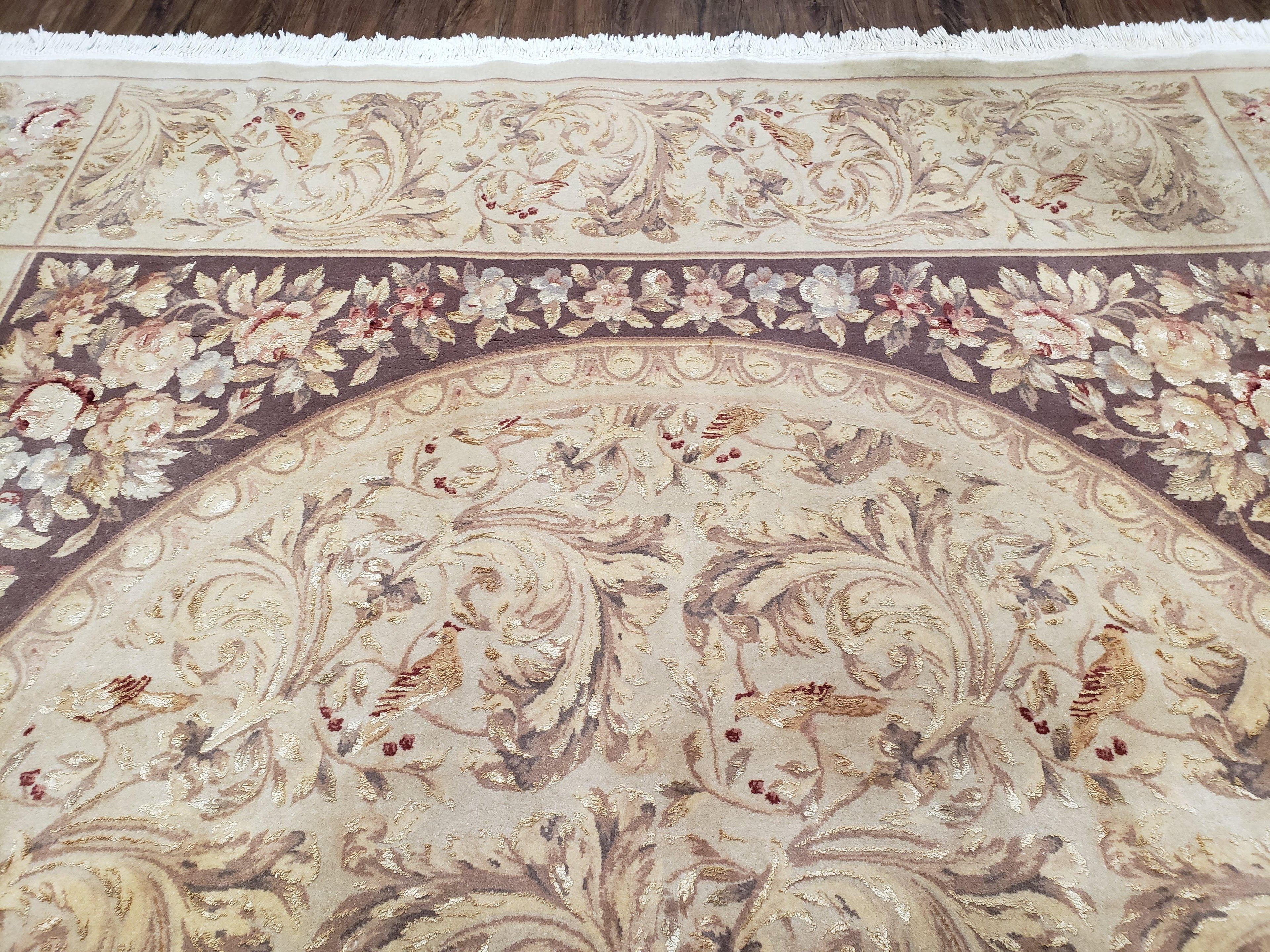 Chinese Aubusson Savonnerie Area Rug 8x12, Vintage 120 Line Carpet, Wool and Silk Hand-Knotted, Birds Flowers Master Weaver Signature