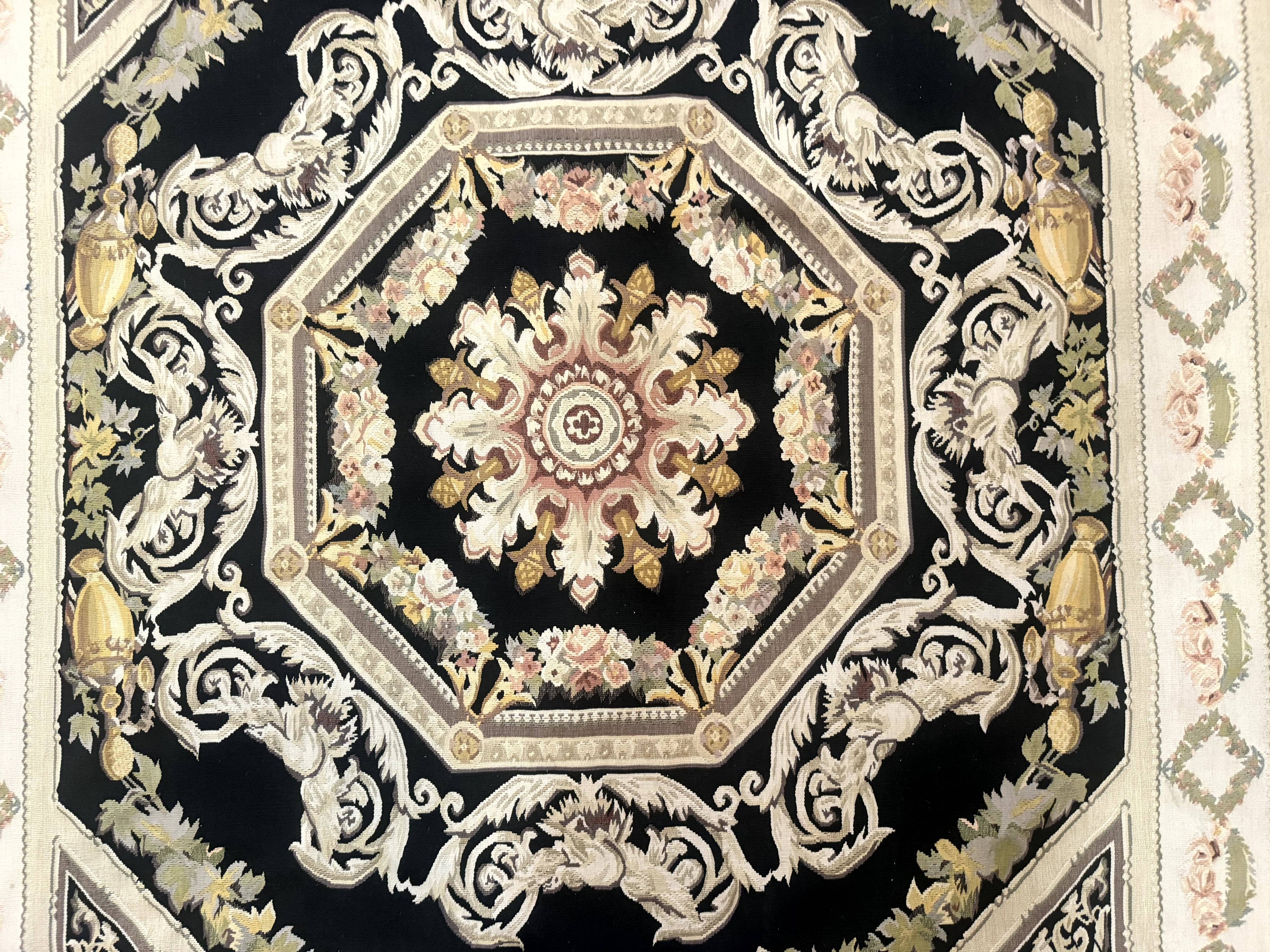 Aubusson Rug 6x8, European Design, Lion Pictorials, Black