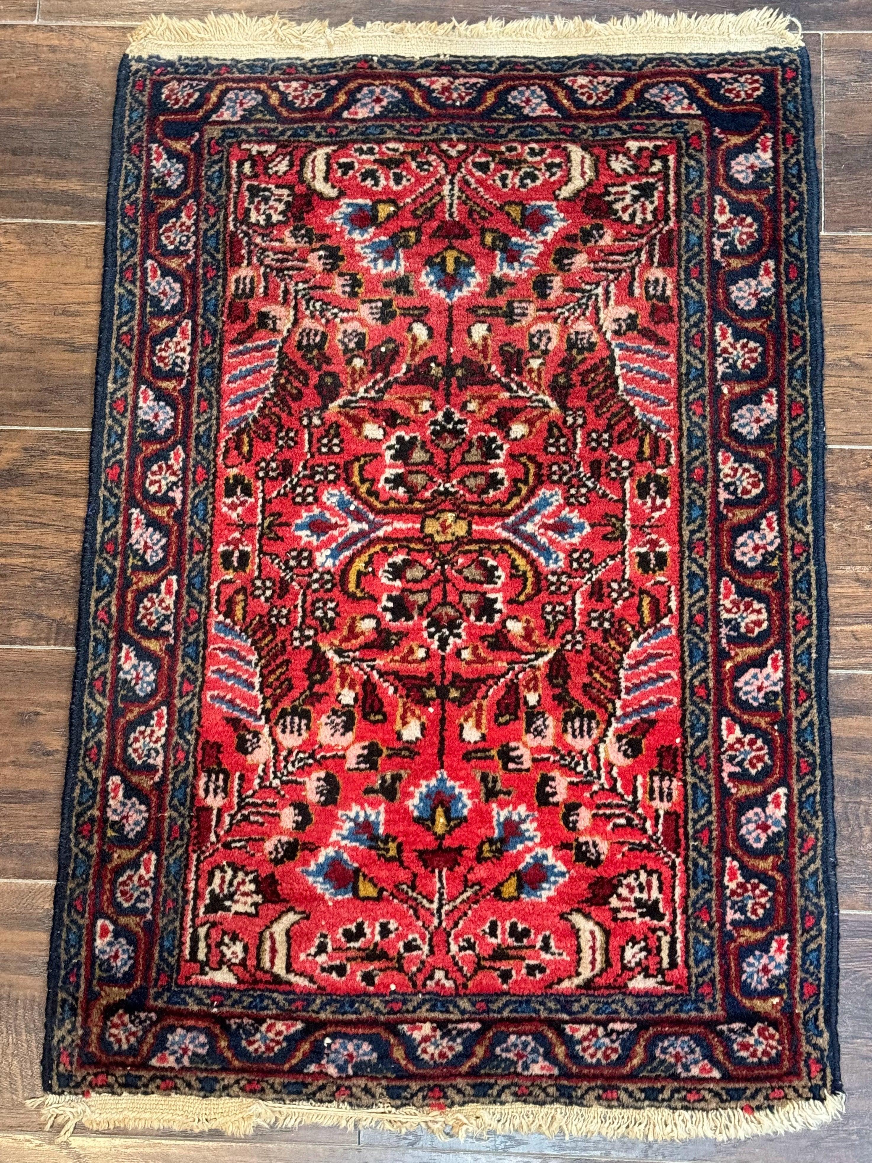 Small Antique Persian Tribal Rug 2x3, Red, Floral, Handmade, Hamadan Rug