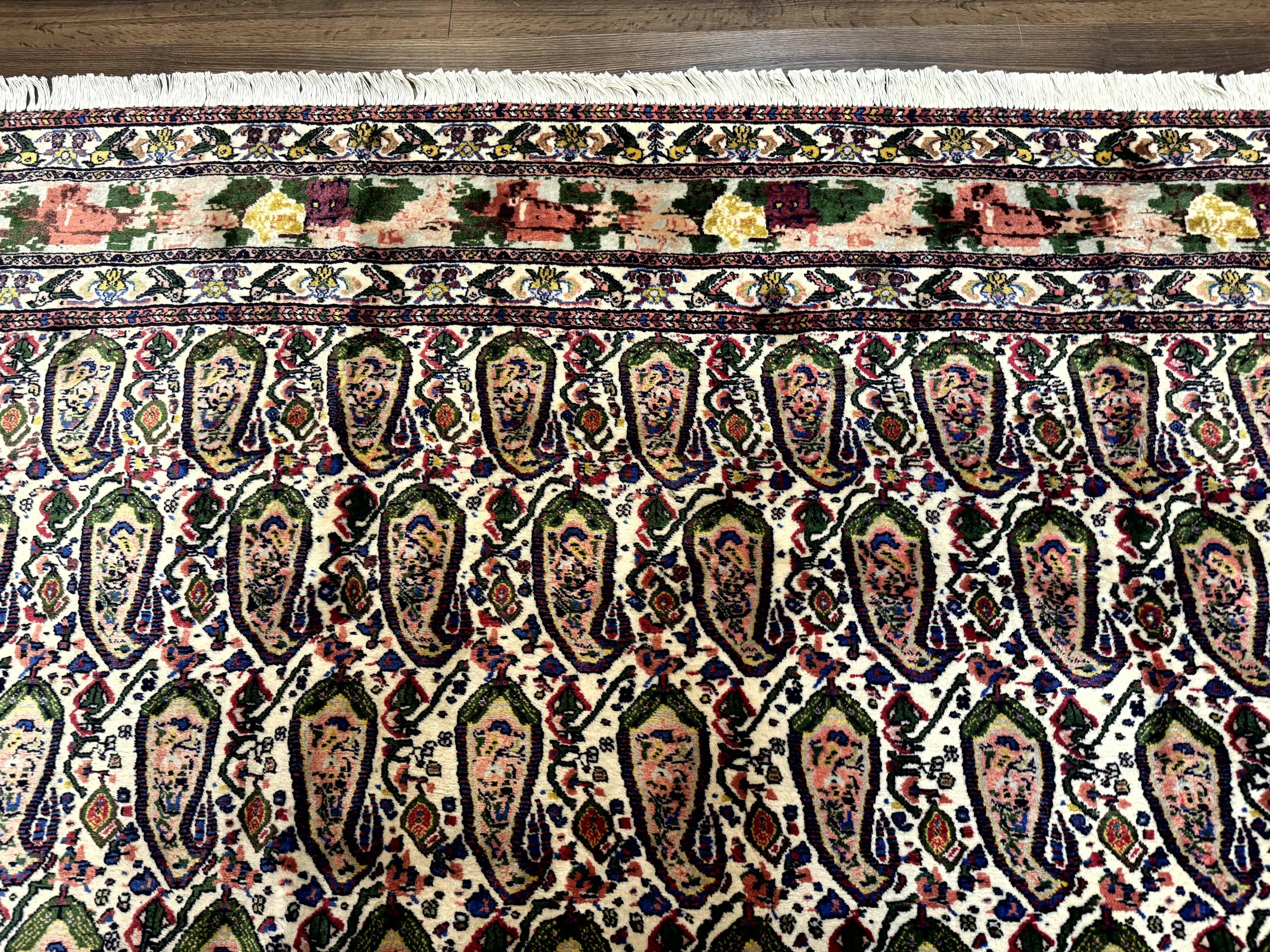 Persian Kurdish Rug 8x11, Repeated Allover Boteh Paisley Design, Bird Pictorials, Rare Antique Sannadaji Carpet