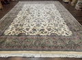 Indo Persian Rug 9x12, Allover Floral Pattern, Ivory & Green, Traditional Oriental Carpet
