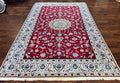 Persian Nain Rug 6x10, Wool and Silk Highlights, Red and Ivory, Floral Medallion, Vintage Handmade Hand Knotted, Fine 225 KPSI, Traditional Rug