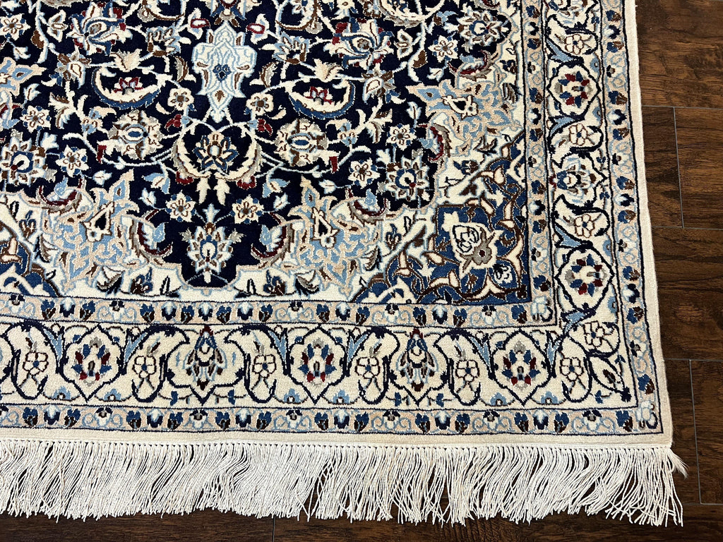 Persian Nain Rug 4x6, Floral, Hand Knotted Vintage Wool & Silk Highlights, Signature from Masterweaver, Navy Blue and Ivory