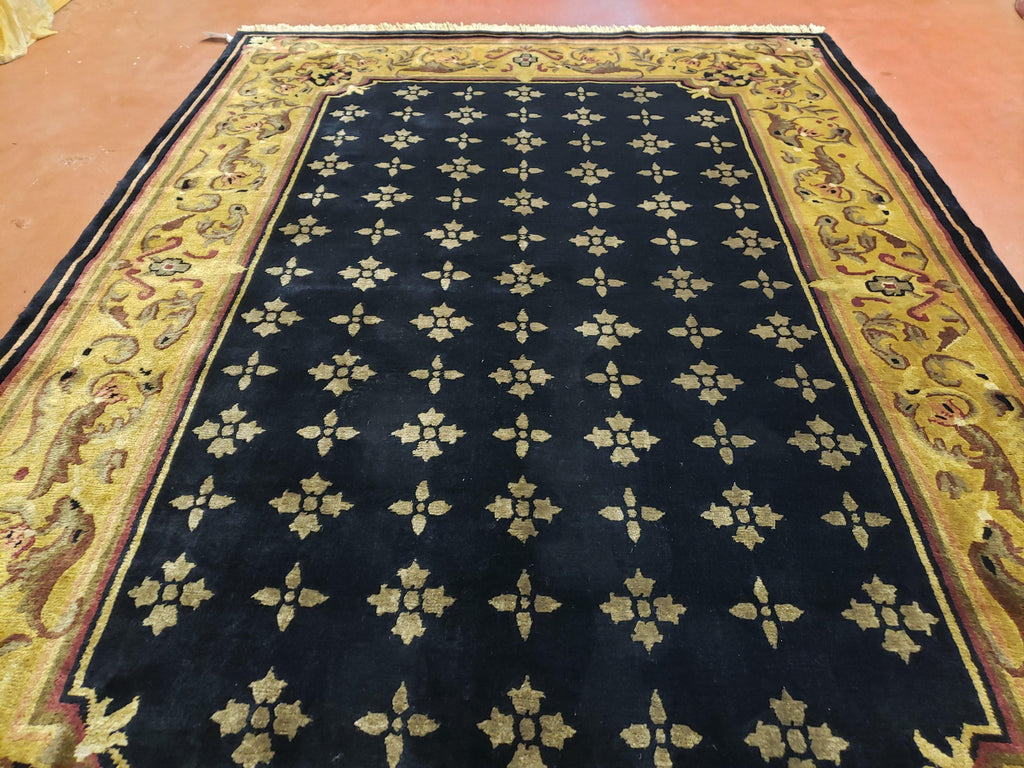 6x9 Aubusson Design Nepali Tibetan Rug Black & Tan Hand-Knotted Wool Carpet Soft Plush Pile New Rug Nice