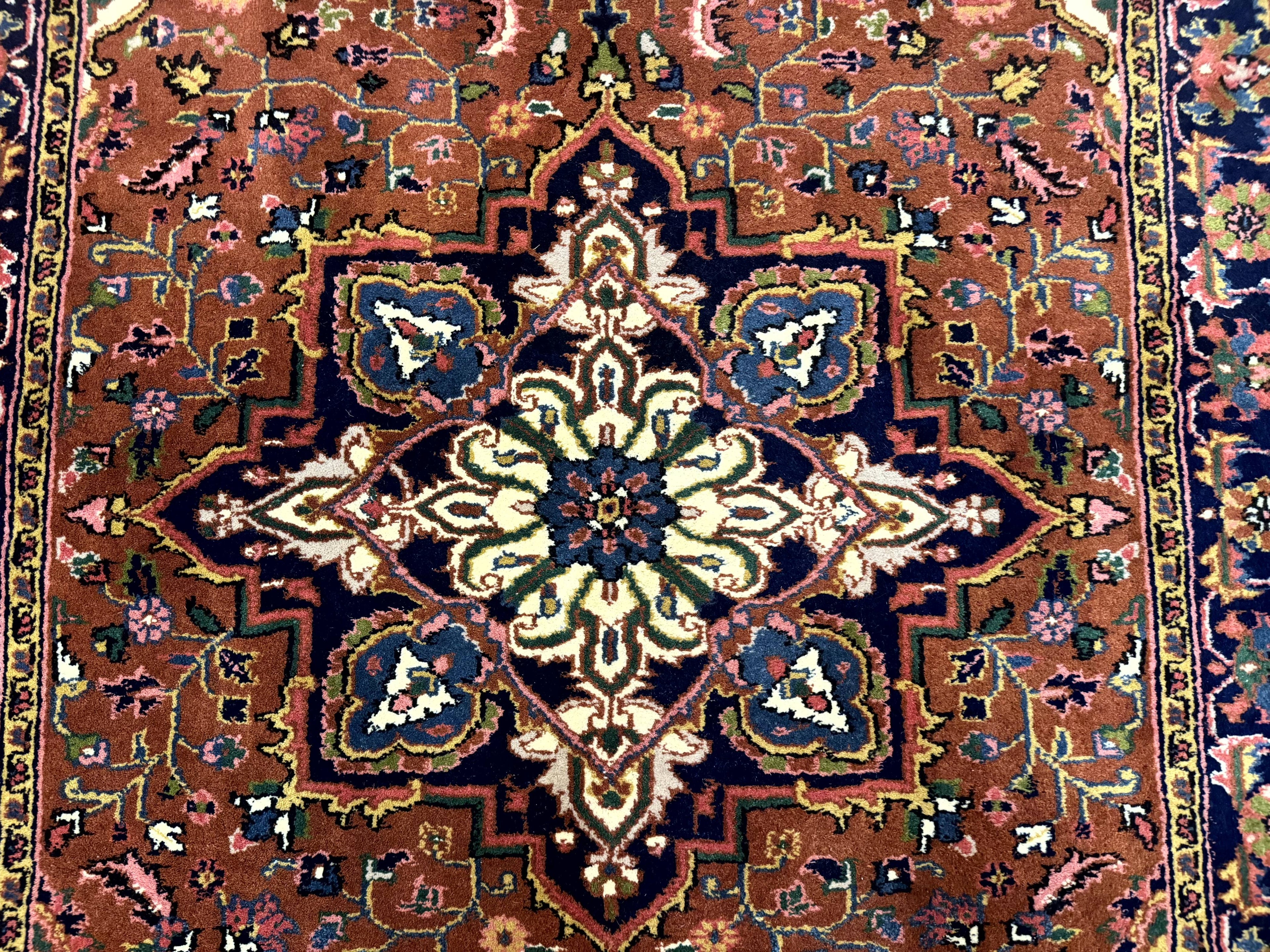 Indo Persian Heriz Rug 4x6, Rust Red Navy Blue and Cream