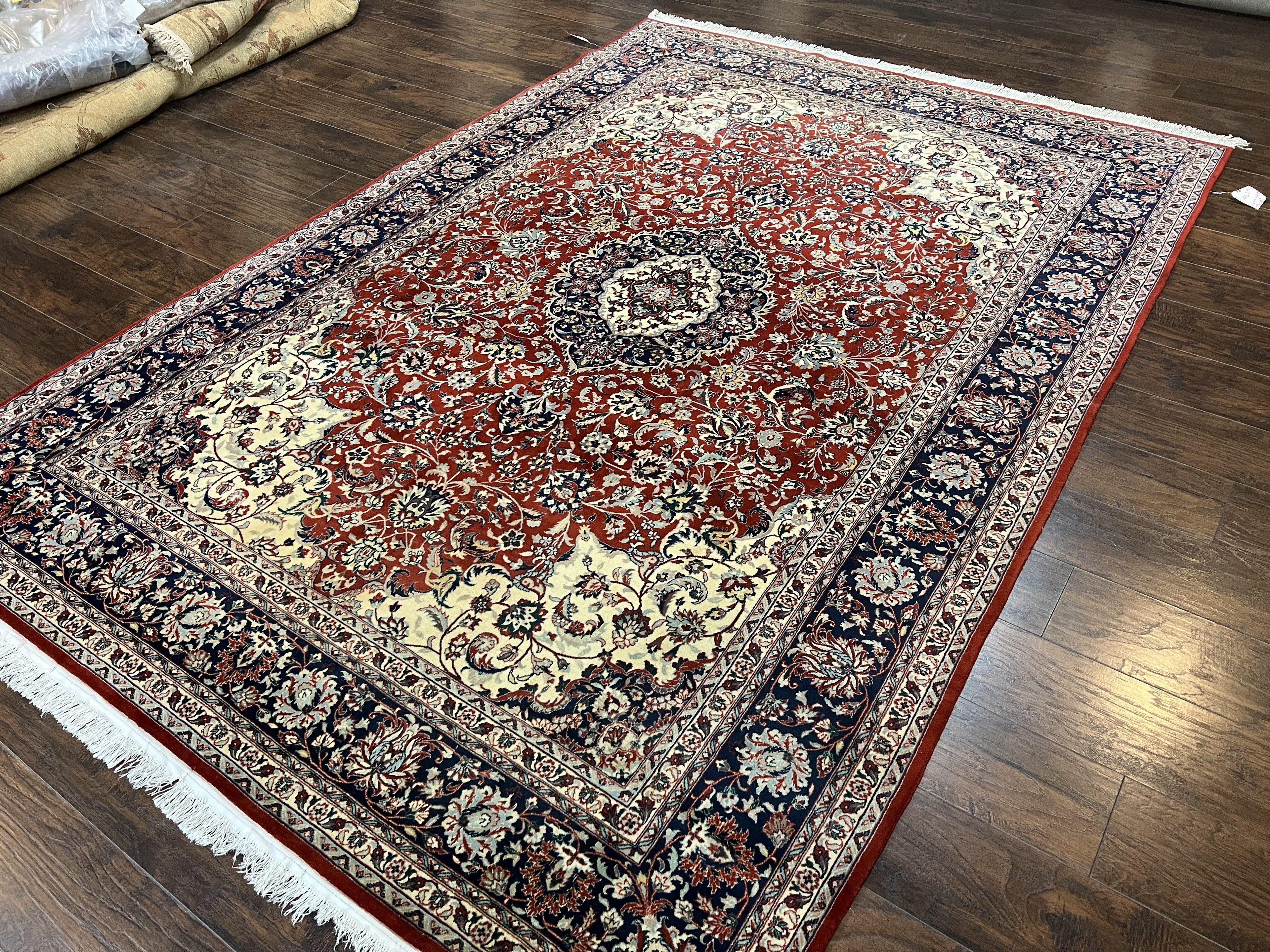 Fine Sino Persian Rug 7x10 ft, Floral Central Medallion Oriental Carpet, Red Navy Blue Cream, Hand Knotted Wool Traditional Vintage Rug