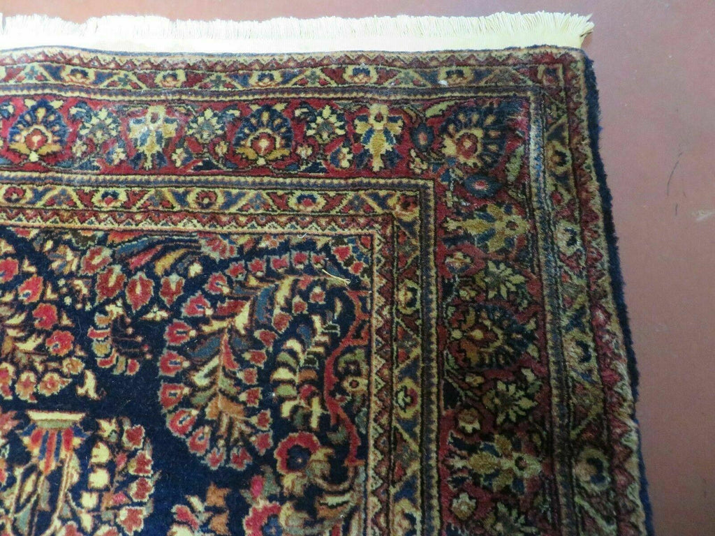 Antique Persian Sarouk Rug 4x6, Hand Knotted 1920s Oriental Carpet 4 x 6 ft, Navy Blue and Red Wool Rug, Handmade Floral Allover Persian Area Rug