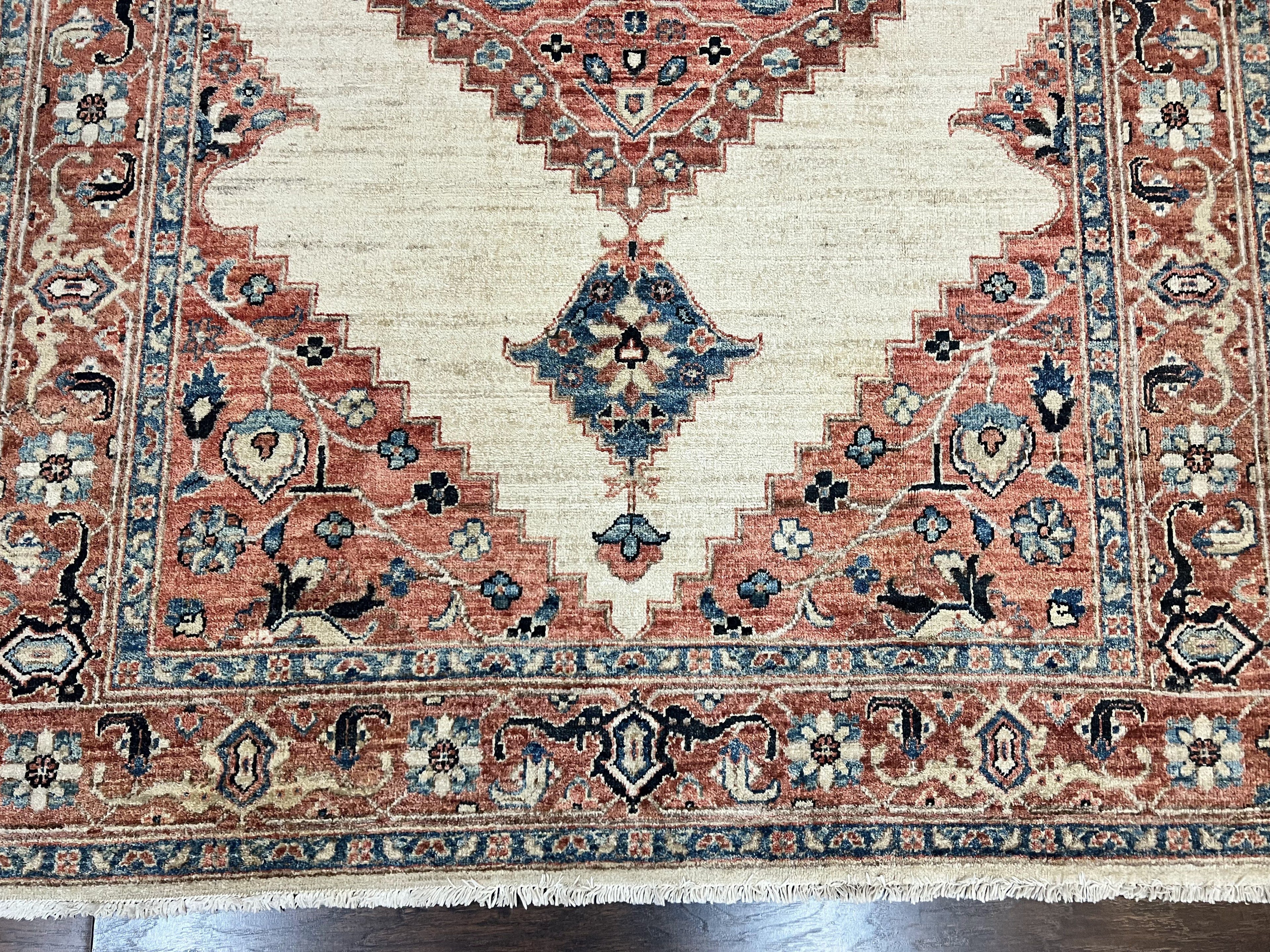 Peshawar Rug 5x7, Wool Hand Knotted Handmade Vintage Carpet, Serapi Design, Pakistani Rug 5 x 7 ft, Medium Sized, Geometric Rug