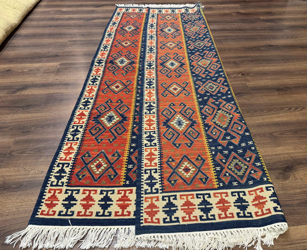 Turkish Kilim Rug 5x8, Flatweave Carpet, Handmade Bohemian Rug, Terracotta and Navy Blue